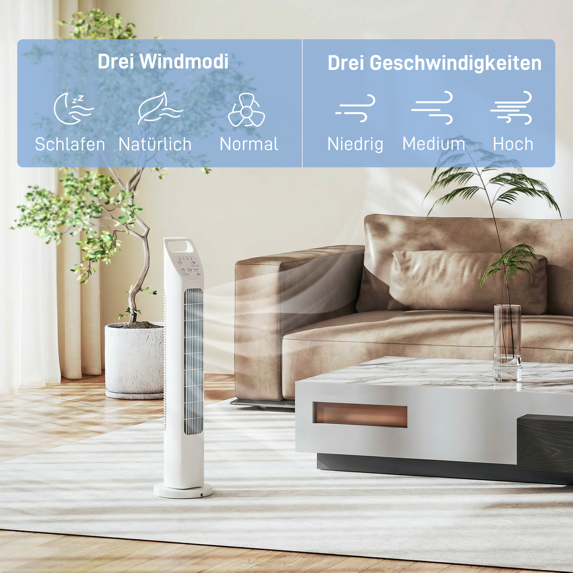 Turmventilator mit Fernbedienung, 7,5-Stunden-Timer, leiser Ventilator für Schlafzimmer, Weiß