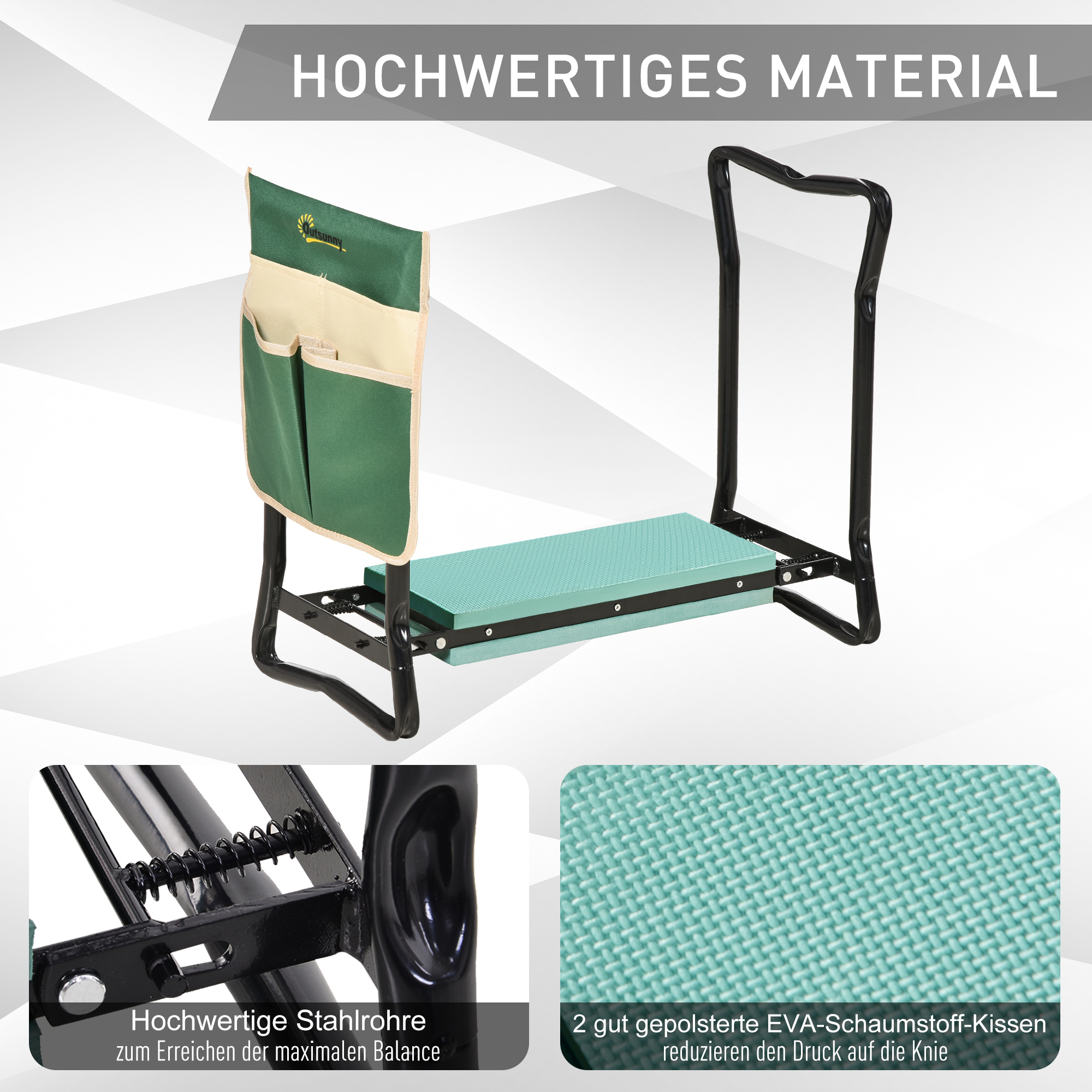 Kniebank, Klappbarer Gartenhocker, 2-in-1, Kniehilfe, mit Werkzeugtasche, EVA-Schaumstoff, 58 x 28 x 49 cm
