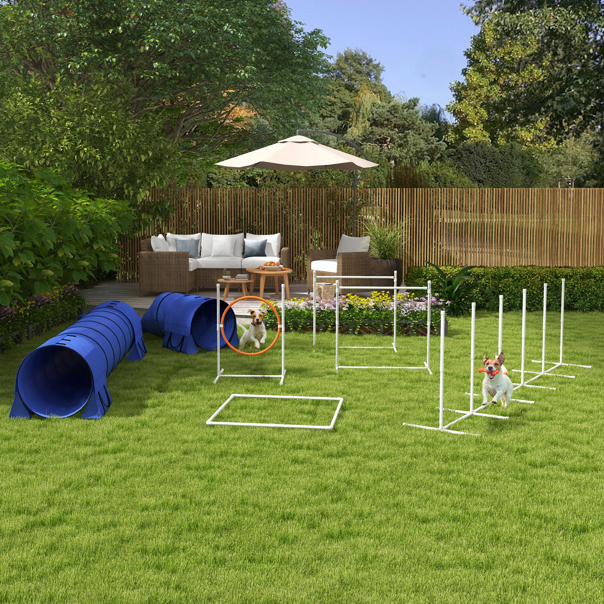 Hunde-Agiliy-Set Hundeparcours, 1 Reifen,  2 Tunnel 2 Hürden, 321 cm x 63c m x 93 cm, Blau + Rot+ Weiß