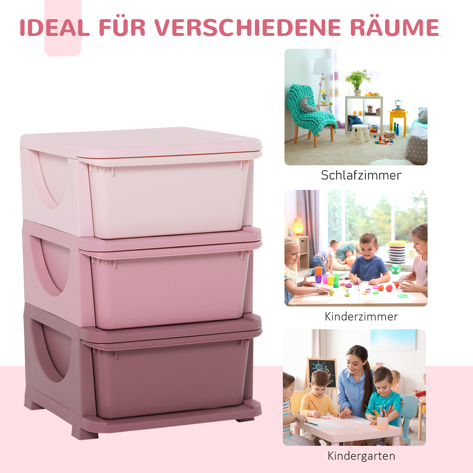 Aufbewahrungsboxen für Kinder, 3 Schubladen, abgerundete Kanten, erhöhtes Design, 37x37x56,5 cm, Rosa
