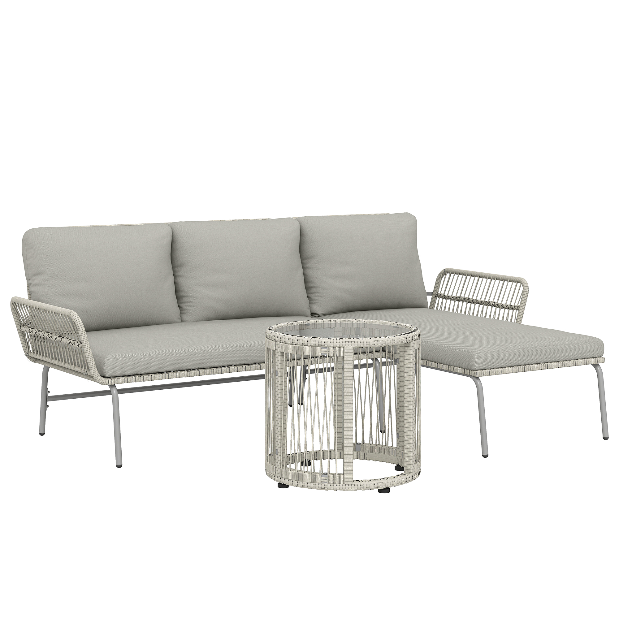 Polyrattan Gartenmöbel Set 3-teilig, Lounge Set mit Chaiselongue Zweisitzersofa Glastisch abnehmbar Kissen
