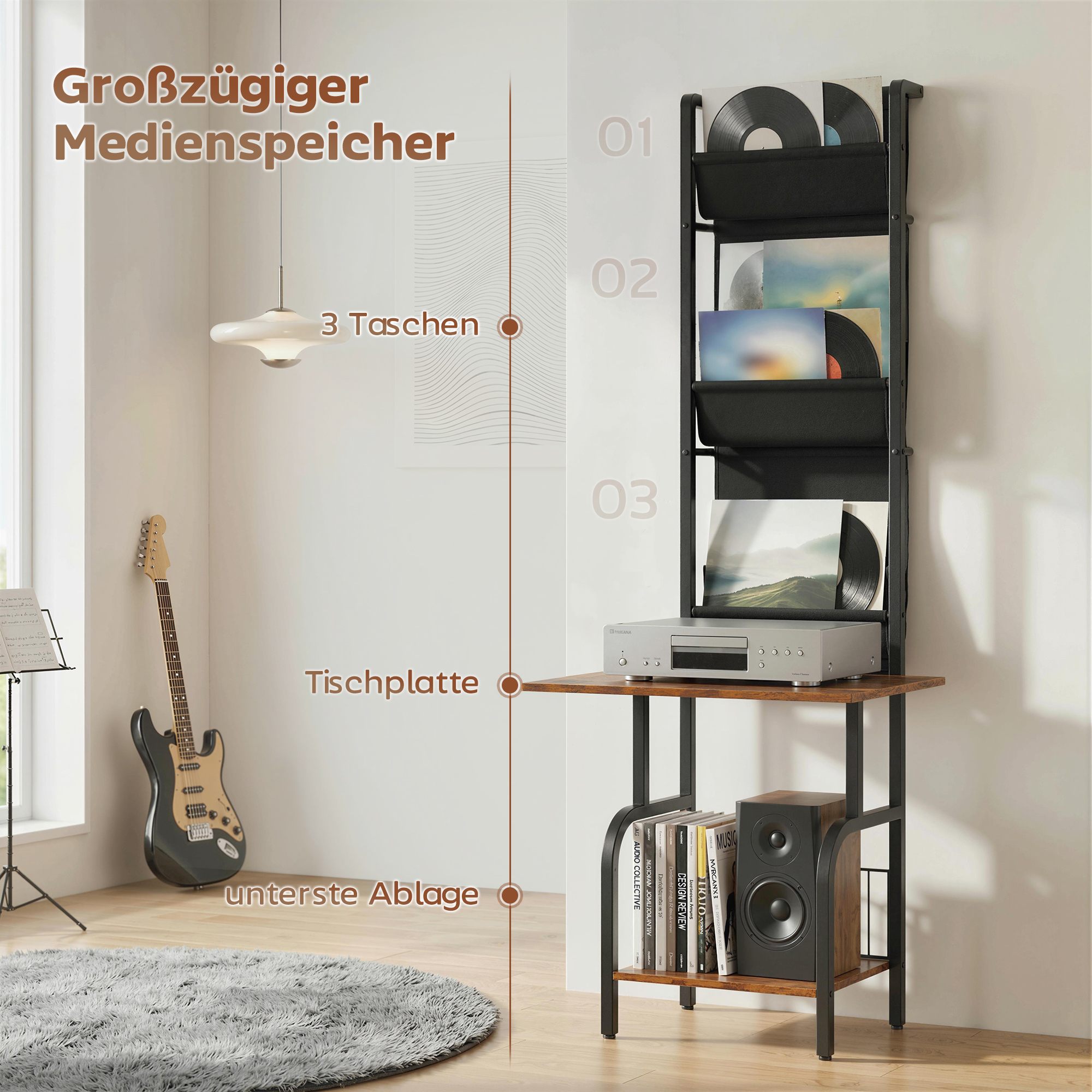 CD-Regal, CD-Aufbewahrung, DVD-Ständer mit 3 Stofftaschen und Tischplatte, Rustikale Holzoptik in Braun