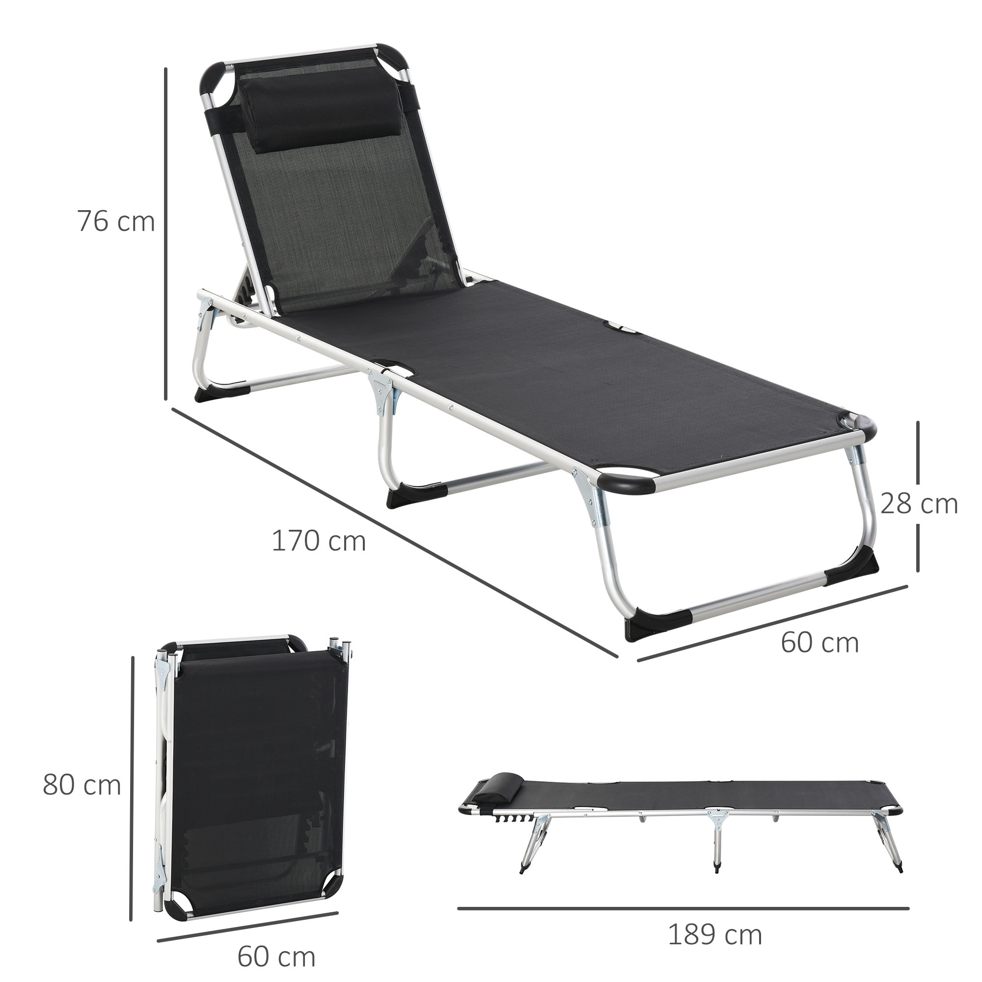 Sonnenliege faltbar Gartenliege mit Kopfkissen Liegestuhl mit der 4-stufig verstellbaren Rückenlehne Campingliege bis 120 kg belastbar für Outdoor-Park, Garten, Schwarz