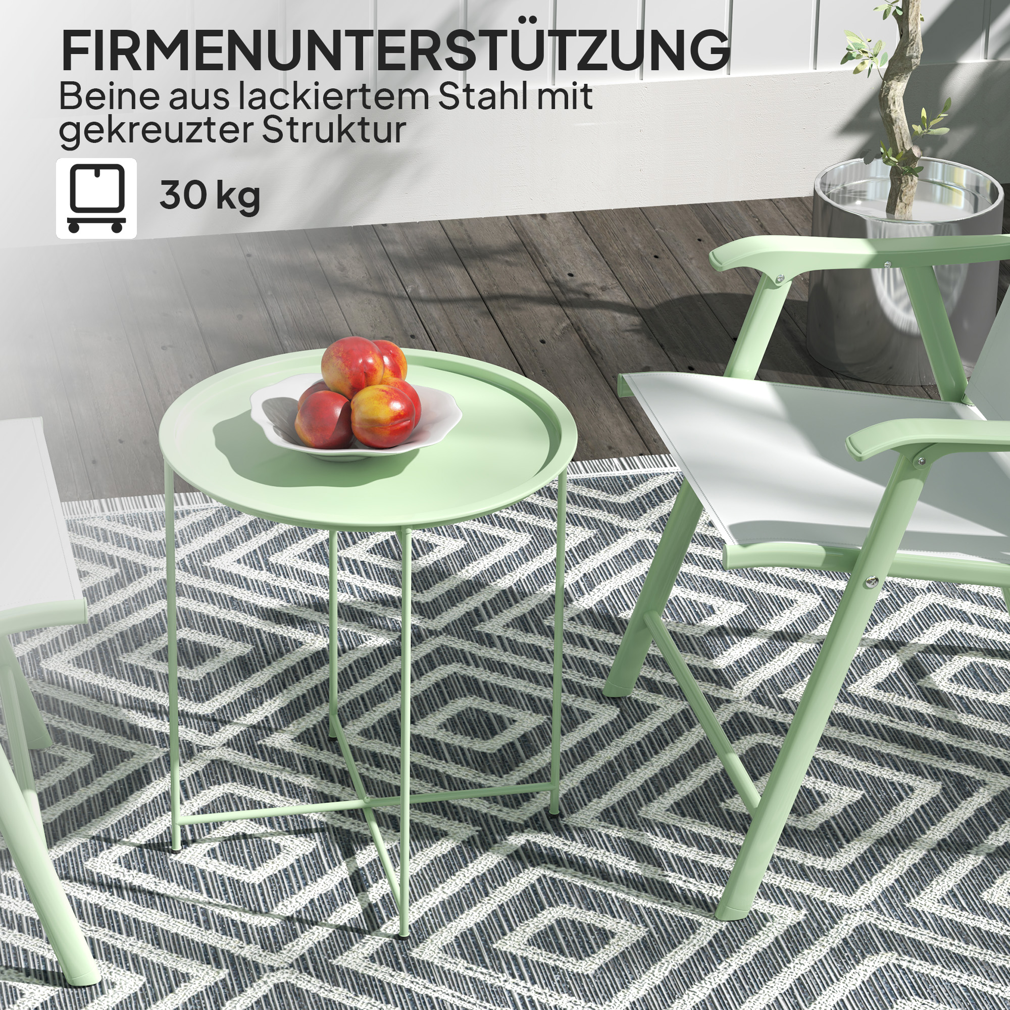 Gartentisch, runder Außen-Beistelltisch aus Stahl mit herausnehmbarem Tablett, faltbares Design, Terrassentisch, Grün