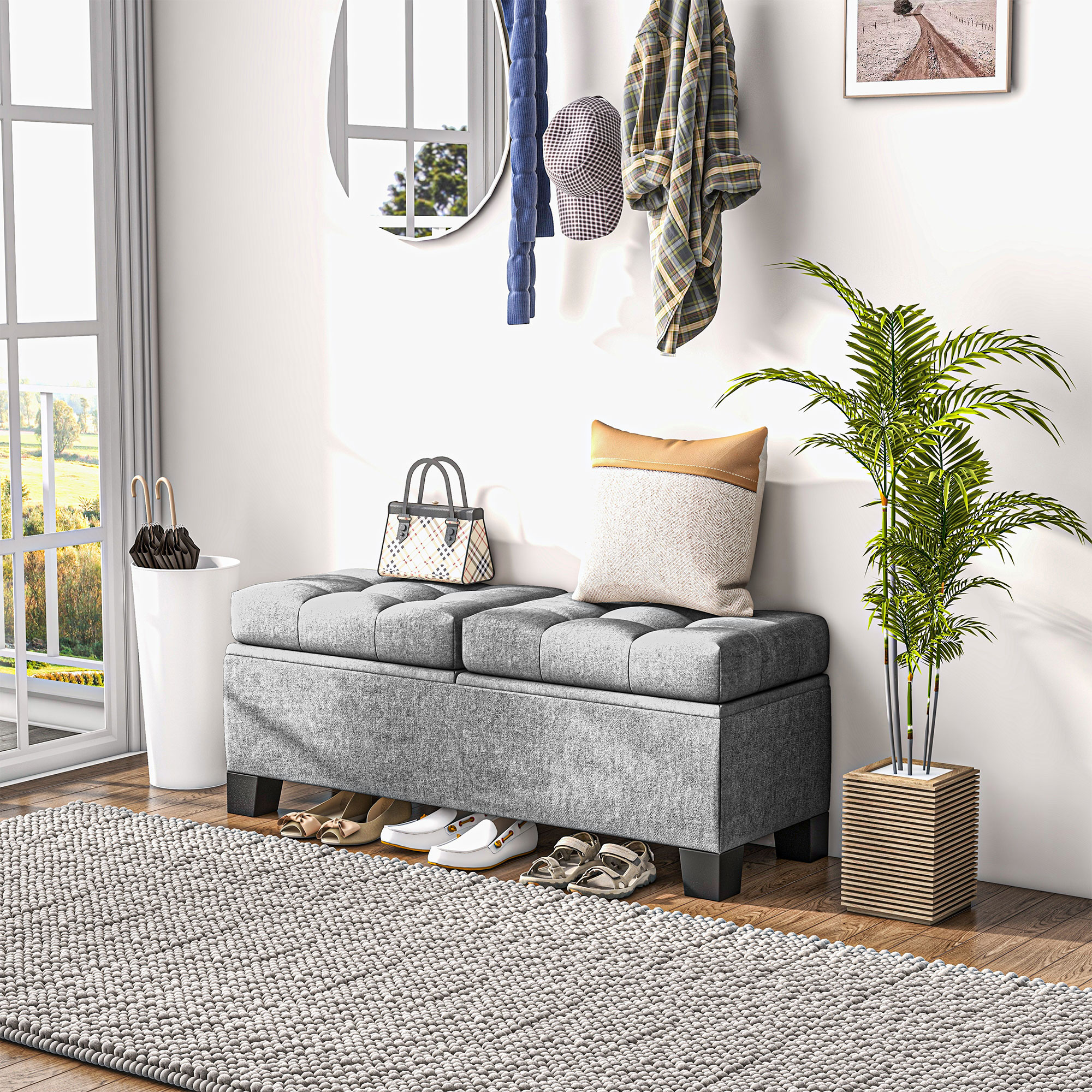 Sitzbank mit Stauraum, Polsterbank mit Leinenoptik, Gepolsterte Aufbewahrungsbox bis 180kg belastbar, für Flur, Schlafzimmer, Wohnzimmer, 116x41x47 cm, Grau