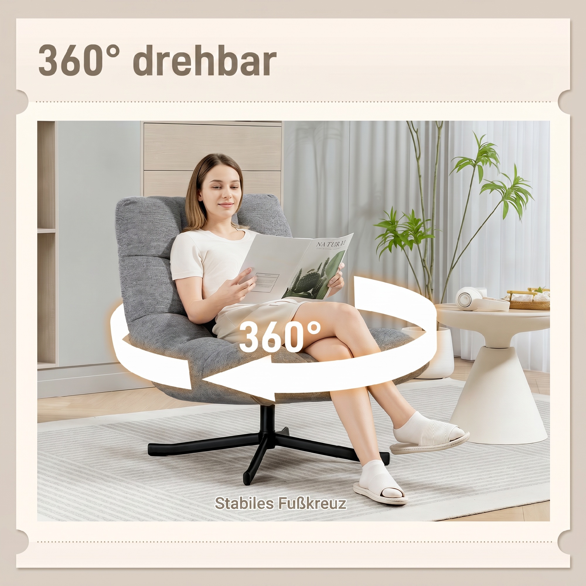 Sessel Drehbar Loungesessel mit Breiter Sitzfläche, wasserabweisend Chenille-Optik, gekreuzt Stahlbeine, Grau