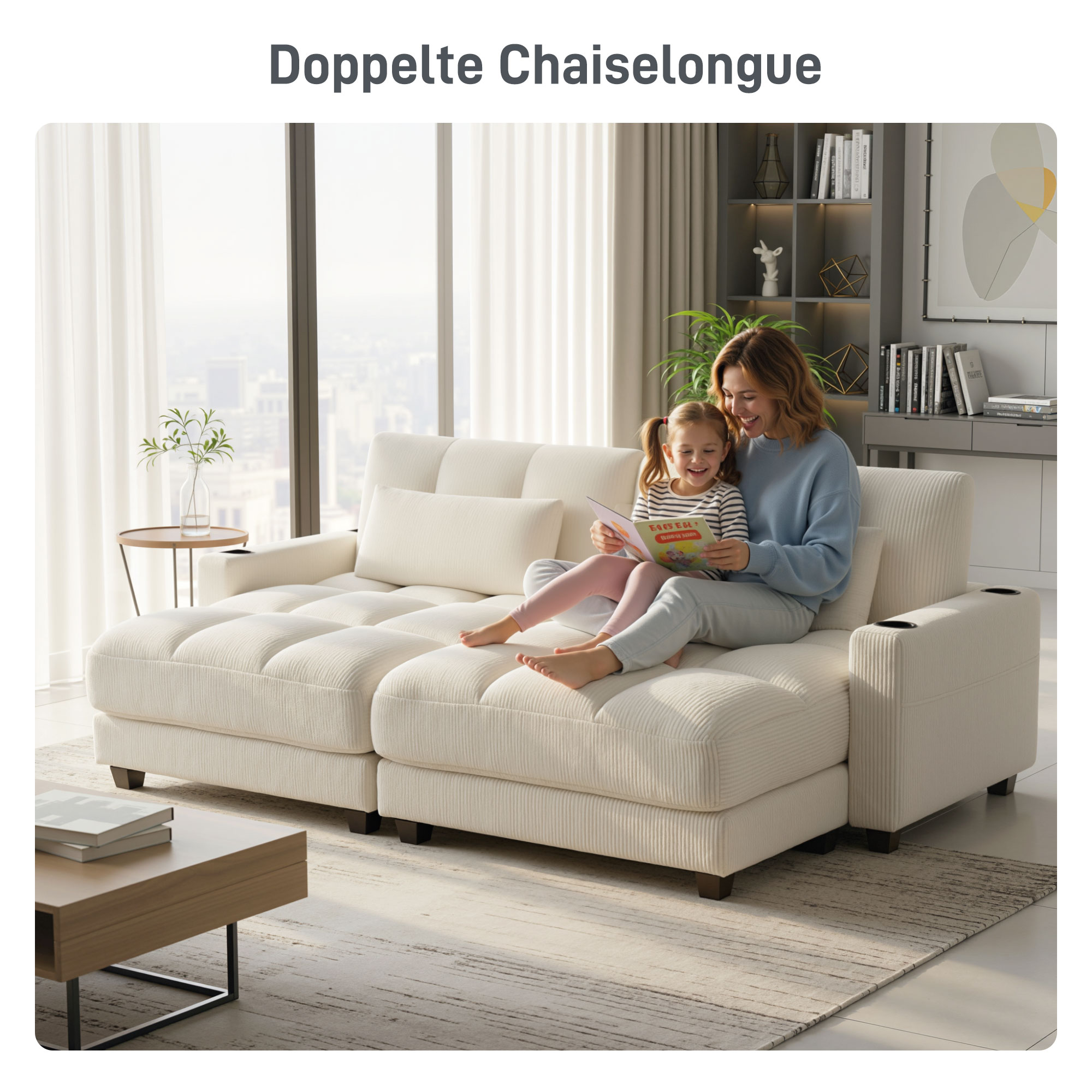Sofa-Bett mit Kissen, Schaumstoff, zum Bett umwandelbar, Becherhalter,  Cremeweiß