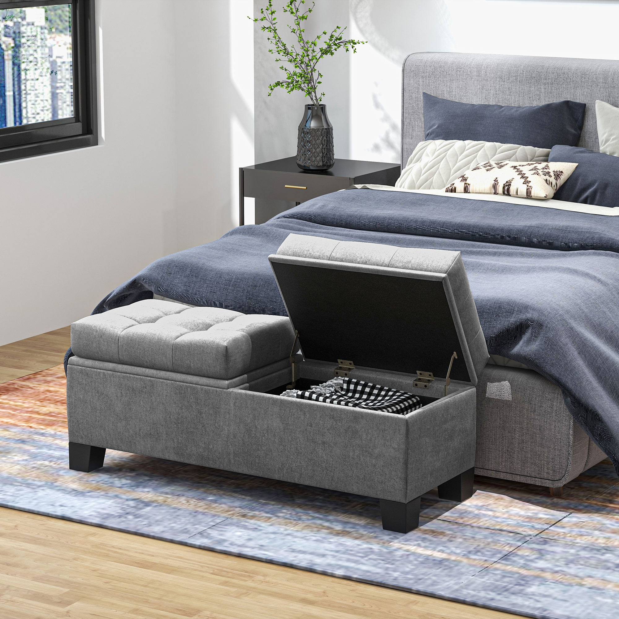 Sitzbank mit Stauraum, Polsterbank mit Leinenoptik, Gepolsterte Aufbewahrungsbox bis 180kg belastbar, für Flur, Schlafzimmer, Wohnzimmer, 116x41x47 cm, Grau