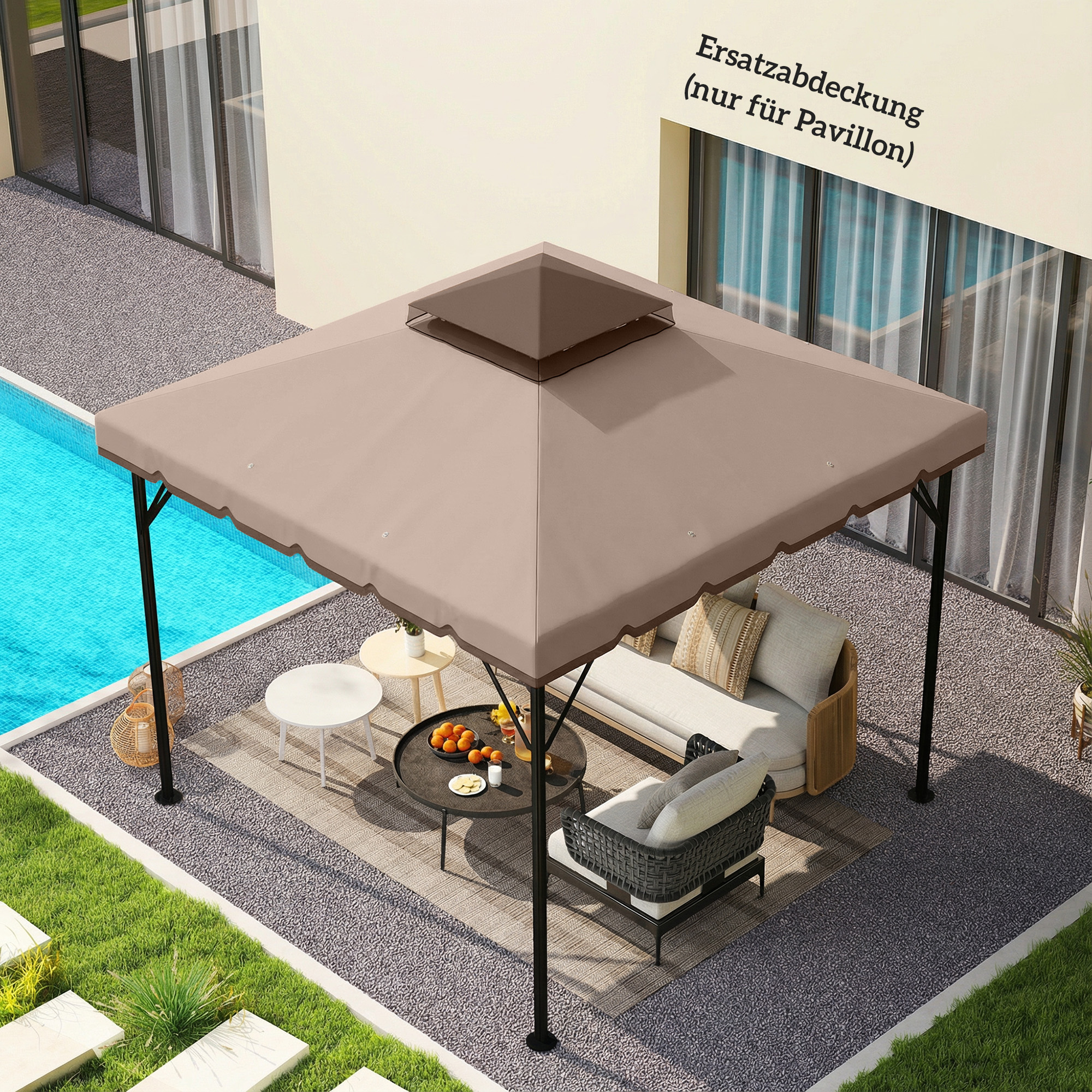 Ersatzdach für Pavillon 3x3m Wasserabweisend Pavillondach mit Doppeldach Wasserablauflöchern Khaki