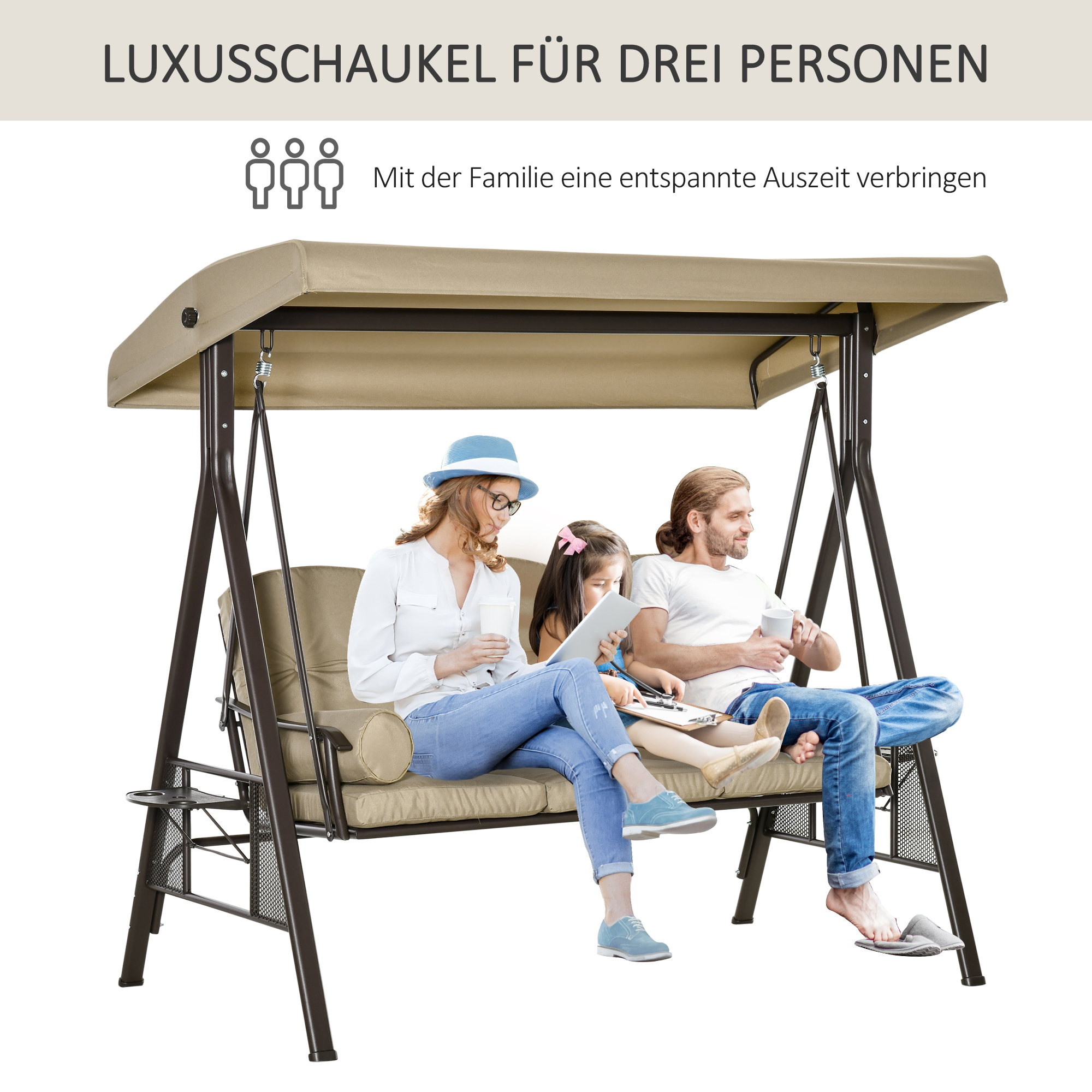 3-Sitzer Hollywoodschaukel Gartenschaukel mit Sonnendach Kissen Metall Polyester Khaki 116 x 206 x 183 cm