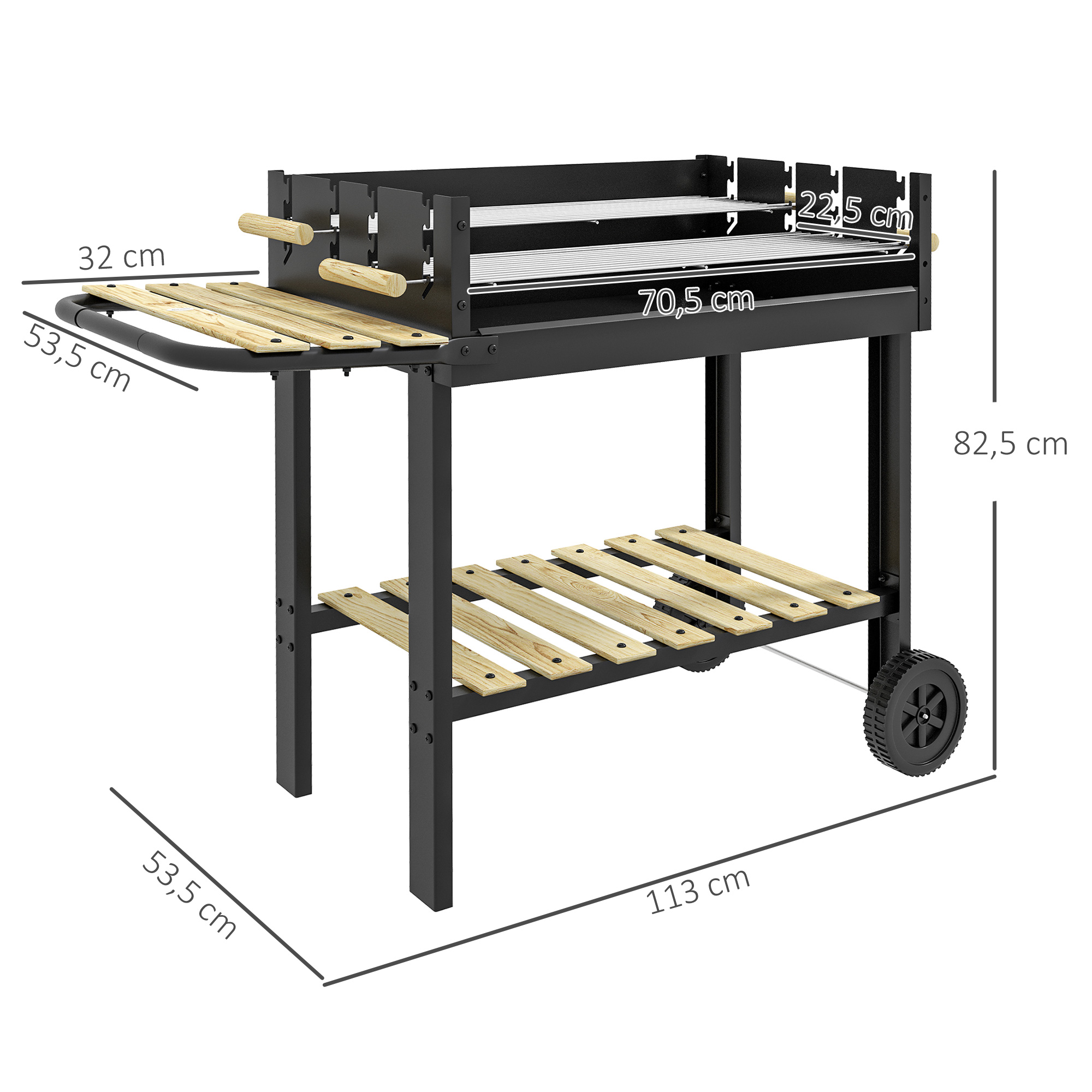 Kohlegrill, Grillwagen, 2 Grillflächen, 2 Räder, Griffe, Ablagen, 113 x 53,5 x 82,5 cm, Schwarz