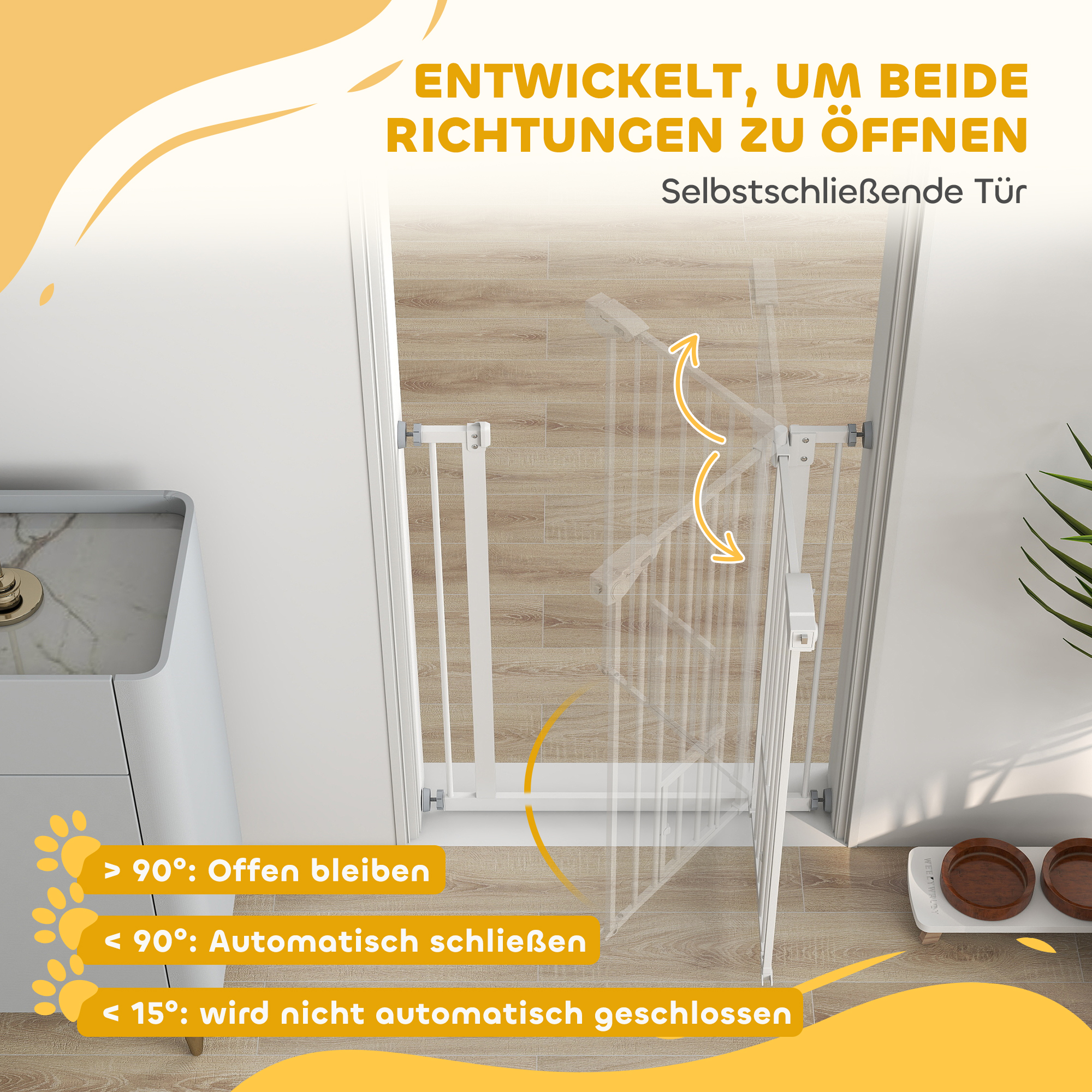 Türgitter mit Katzenklappe, Montage ohne Bohren, variable Breite 74-80 cm, einhändiges Öffnen, Metall, Weiß