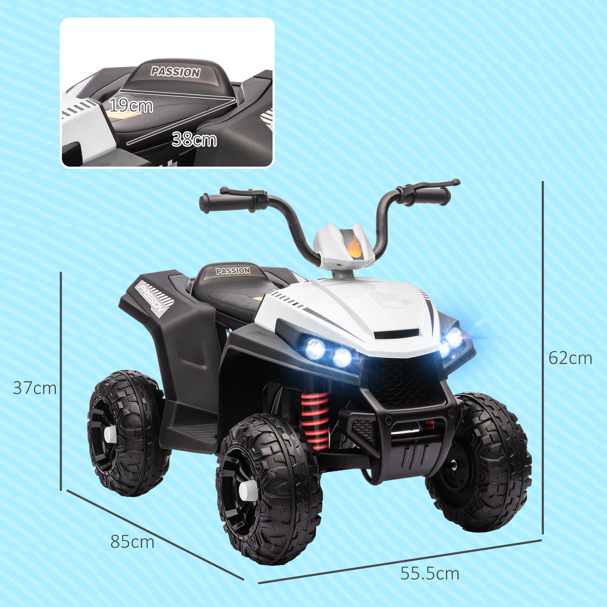 Elektro-Kinderquad, Licht & Musik, Federung, 5 km/h, 50 Min. Fahrzeit, für 3-5 Jahre, Weiß