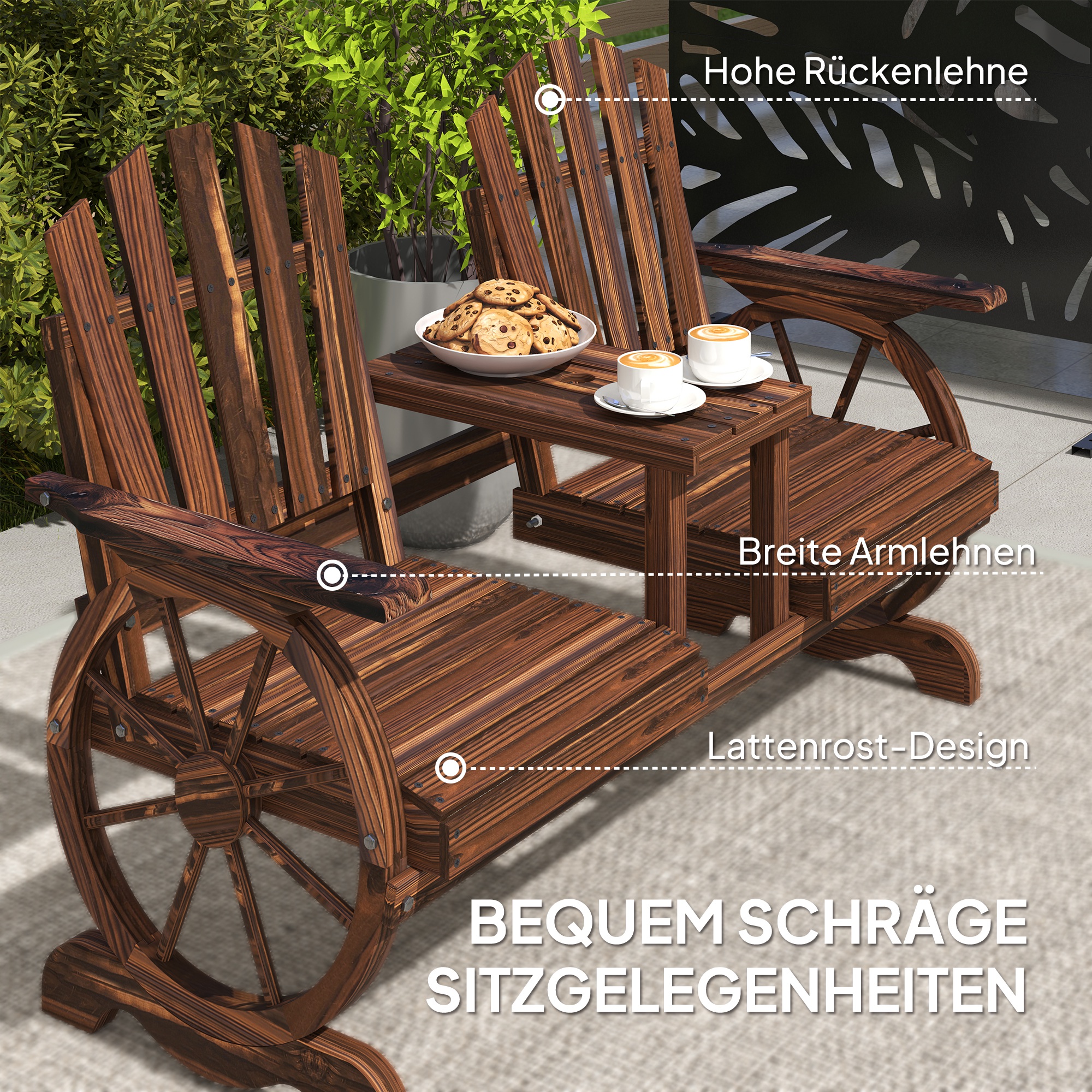 2-Sitzer Gartenbank Holz, wetterfest Sitzbank, mit Schirmloch, Beine im Wagenradform 154 x 65 x 102 cm Verkohlt