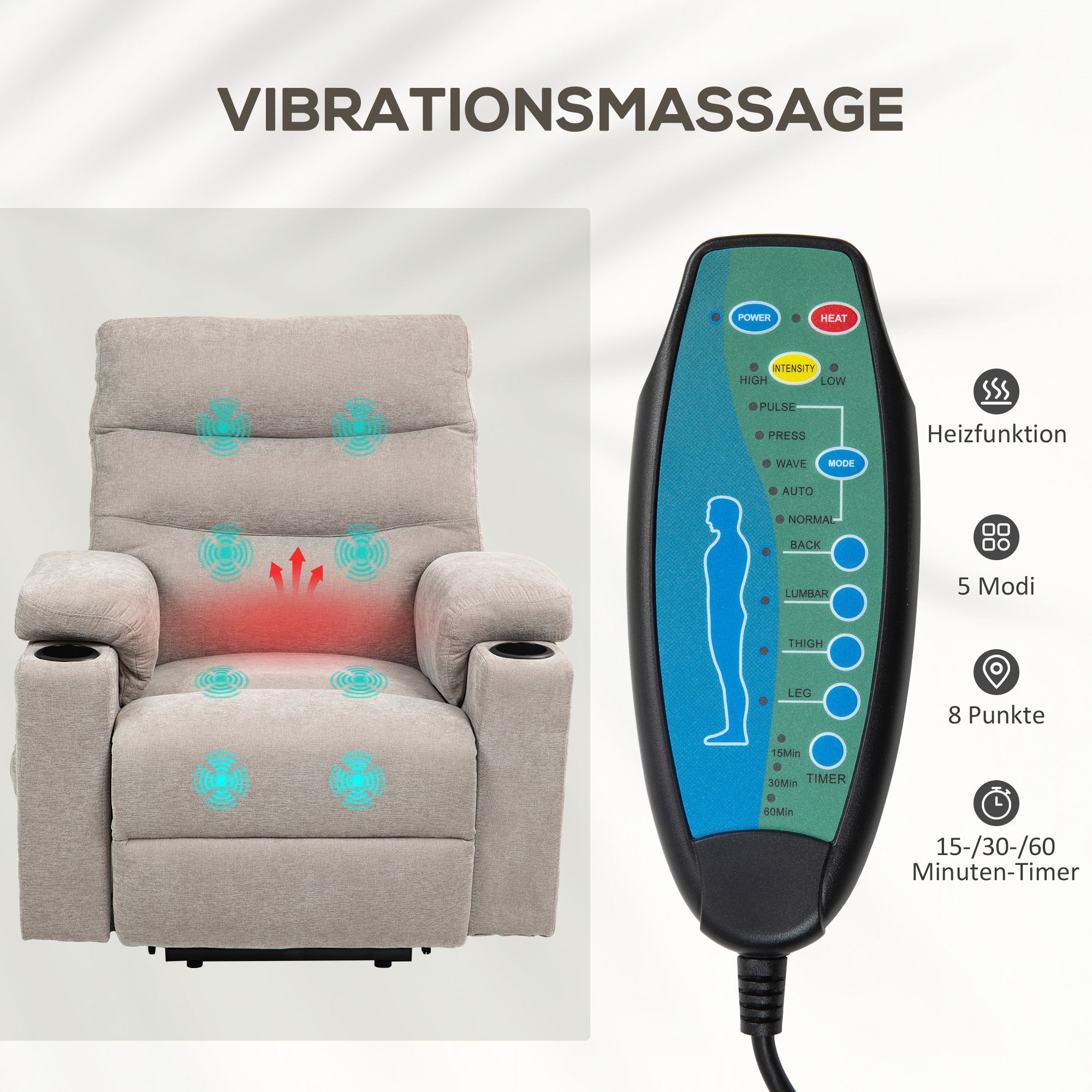 Massagesessel mit Aufstehfunktion, 8 Vibrationsmassagepunkte, Elektrischer Polstersessel mit 2 Fernbedienungen Hellbraun