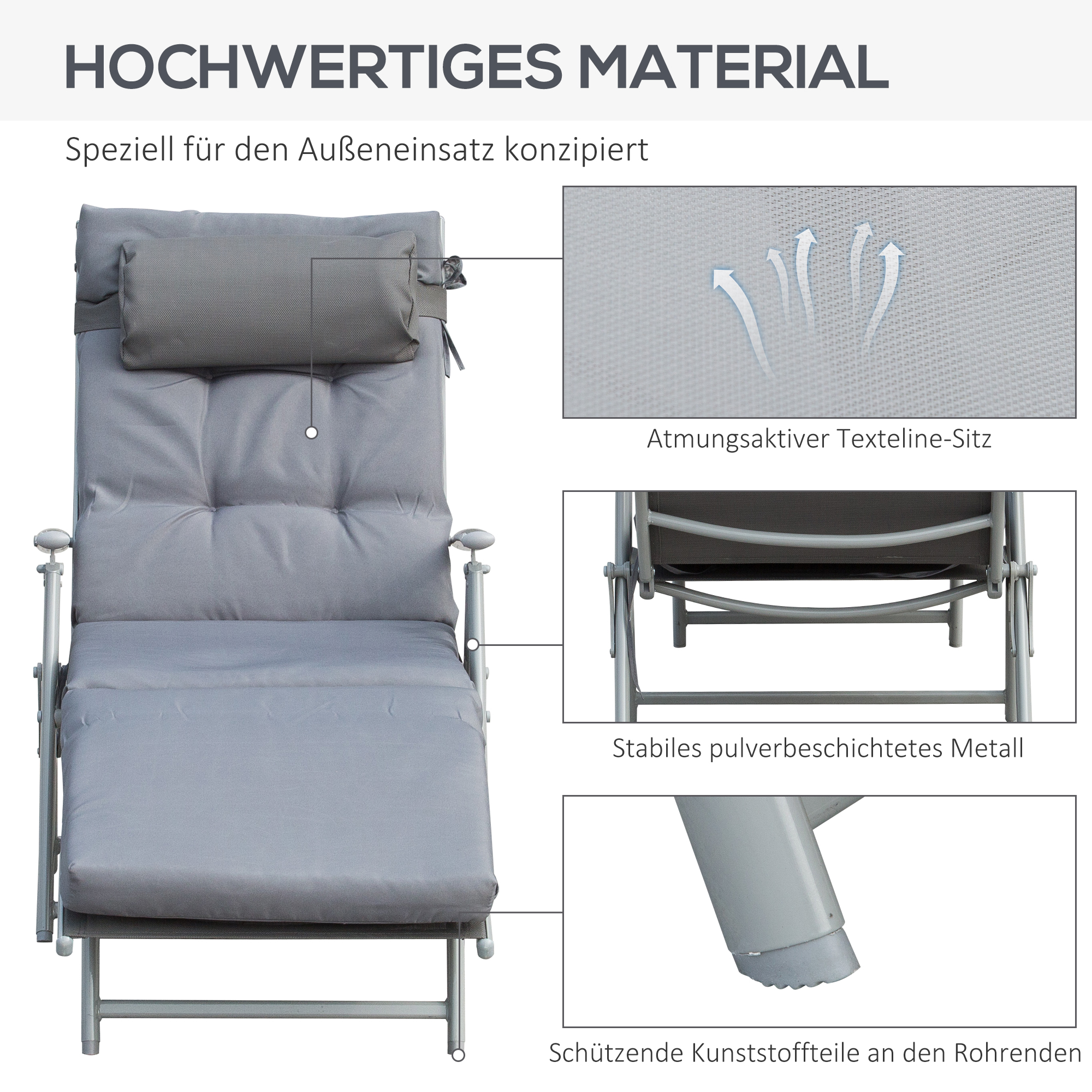 Sonnenliege klappbar Strandliege mit Kopfkissen Sitzkissen Liegestuhl mit 7-Fach verstellbare Rückenlehne Gartenliege Relaxliege bis 165 kg belastbar, für Garten Urlaub Outdoor, Grau