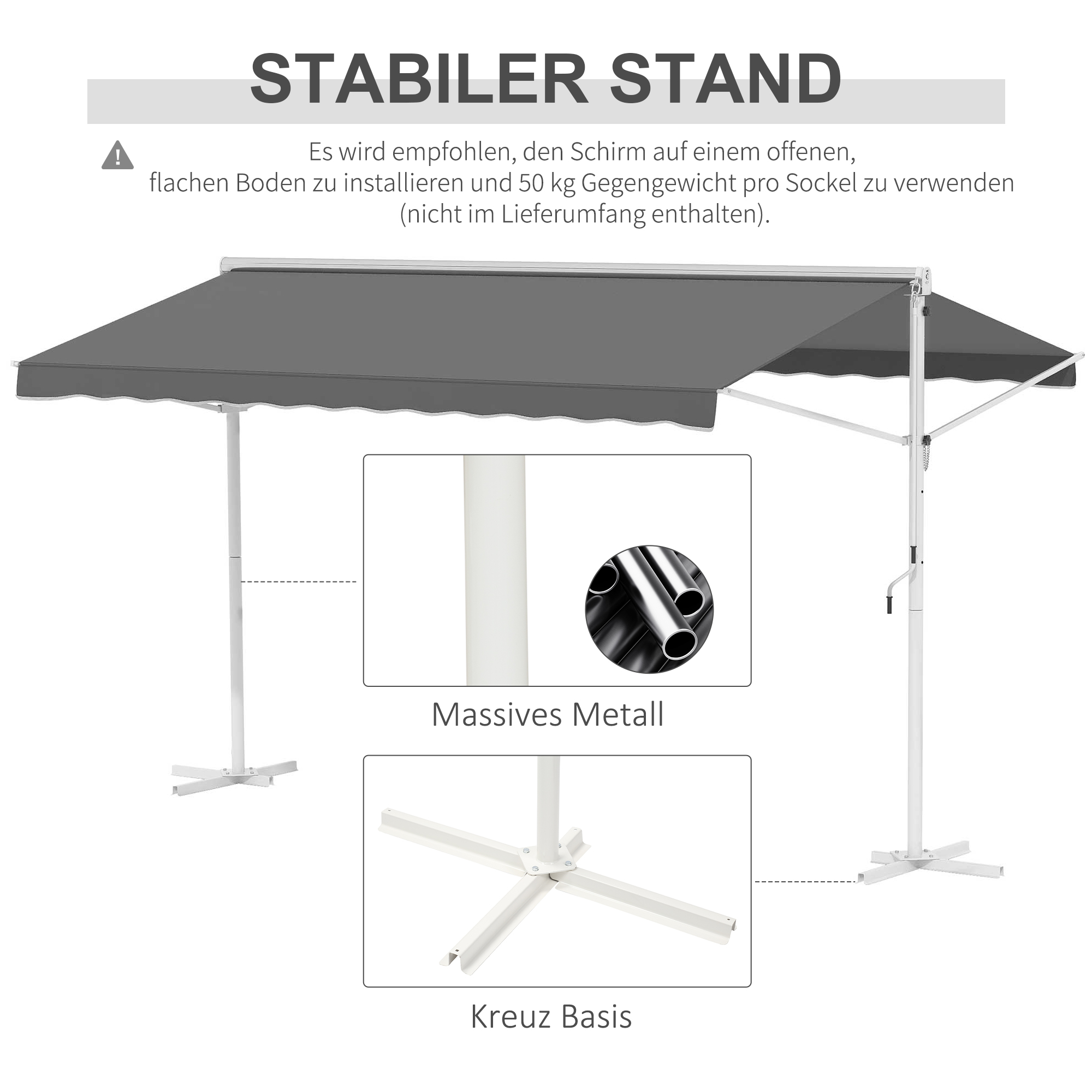 freistehende Markise, neigungsverstellbar, Handkurbel, Metallgestell, wetterfest, 4x3m, Grau