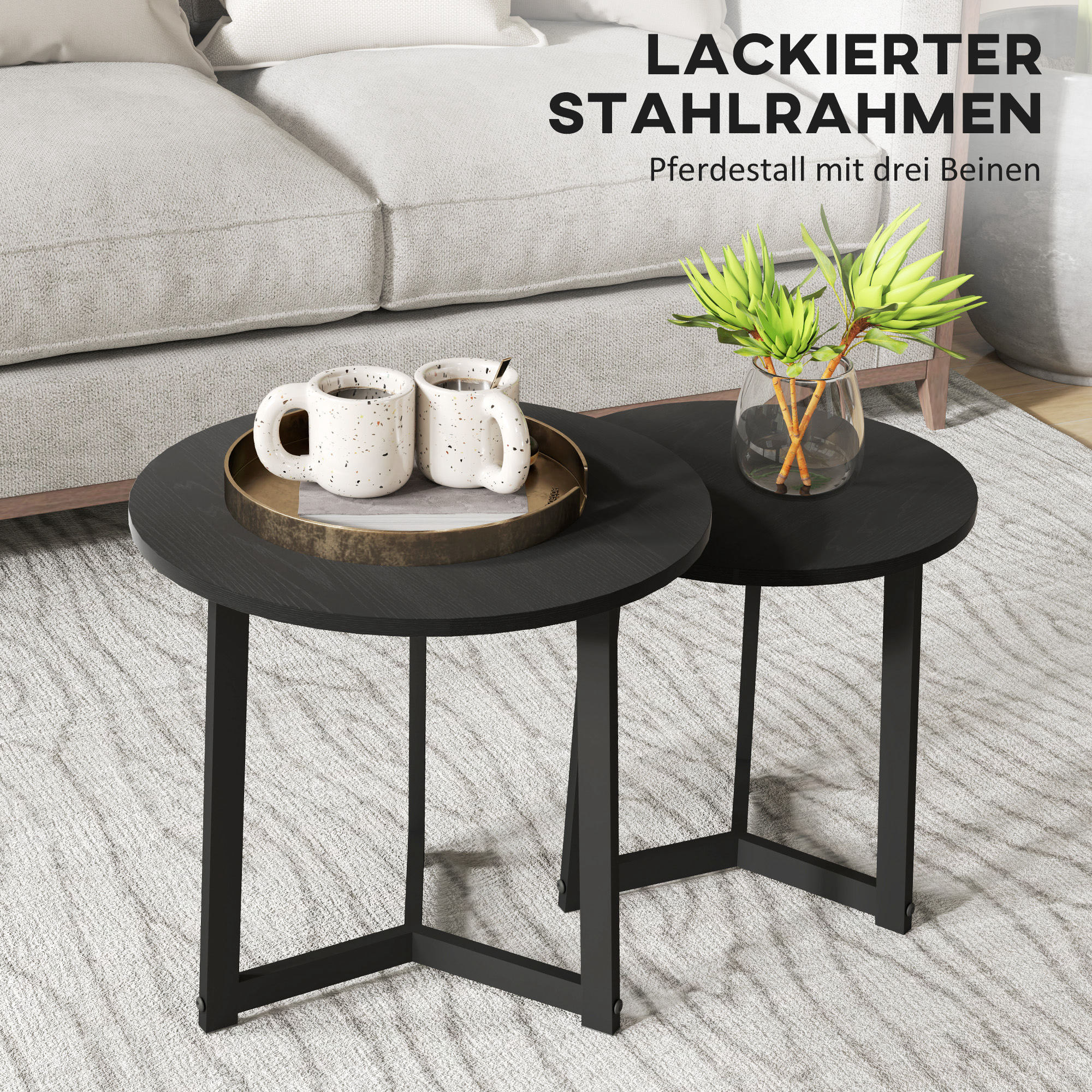 Moderner Couchtisch als 2er-Set, Metallrahmen, MDF, Rundes Design, ineinander verschiebbar, Schwarz