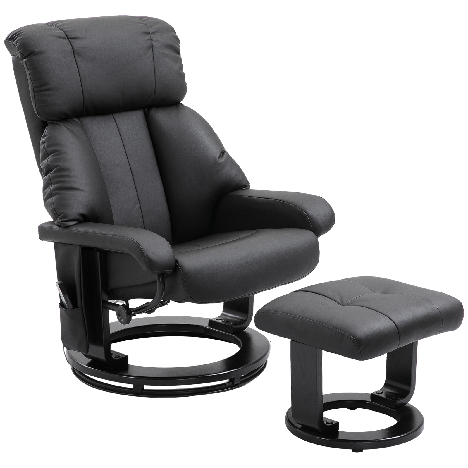 Relaxsessel mit Fußhocker, Massagesessel mit Liegefunktion, Elektrischer Liegesessel mit Fernbedienung, Fernsehsessel mit Seitentasche, Kunstleder, Schwarz