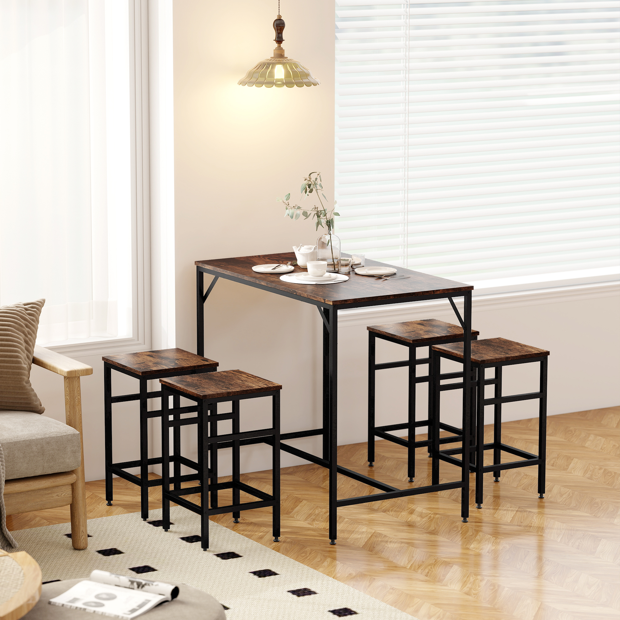 5-teiliges Bartisch Set Bartisch mit Barhocker-Set Esstisch mit 4 Stühlen Küchentisch für Esszimmer, Küche, Rustikal-Braun+Schwarz
