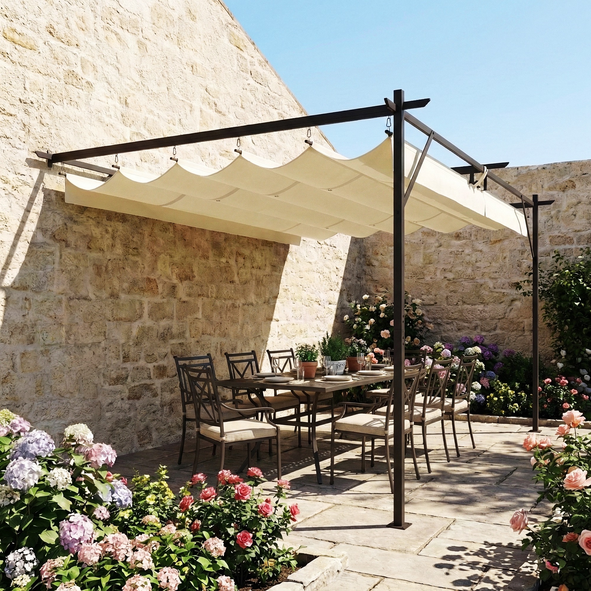Terrassendach Pergola ca. 4x3m Terrassenüberdachung mit Verstellbares Dach, Wandmontage UV 30+ Cremeweiß