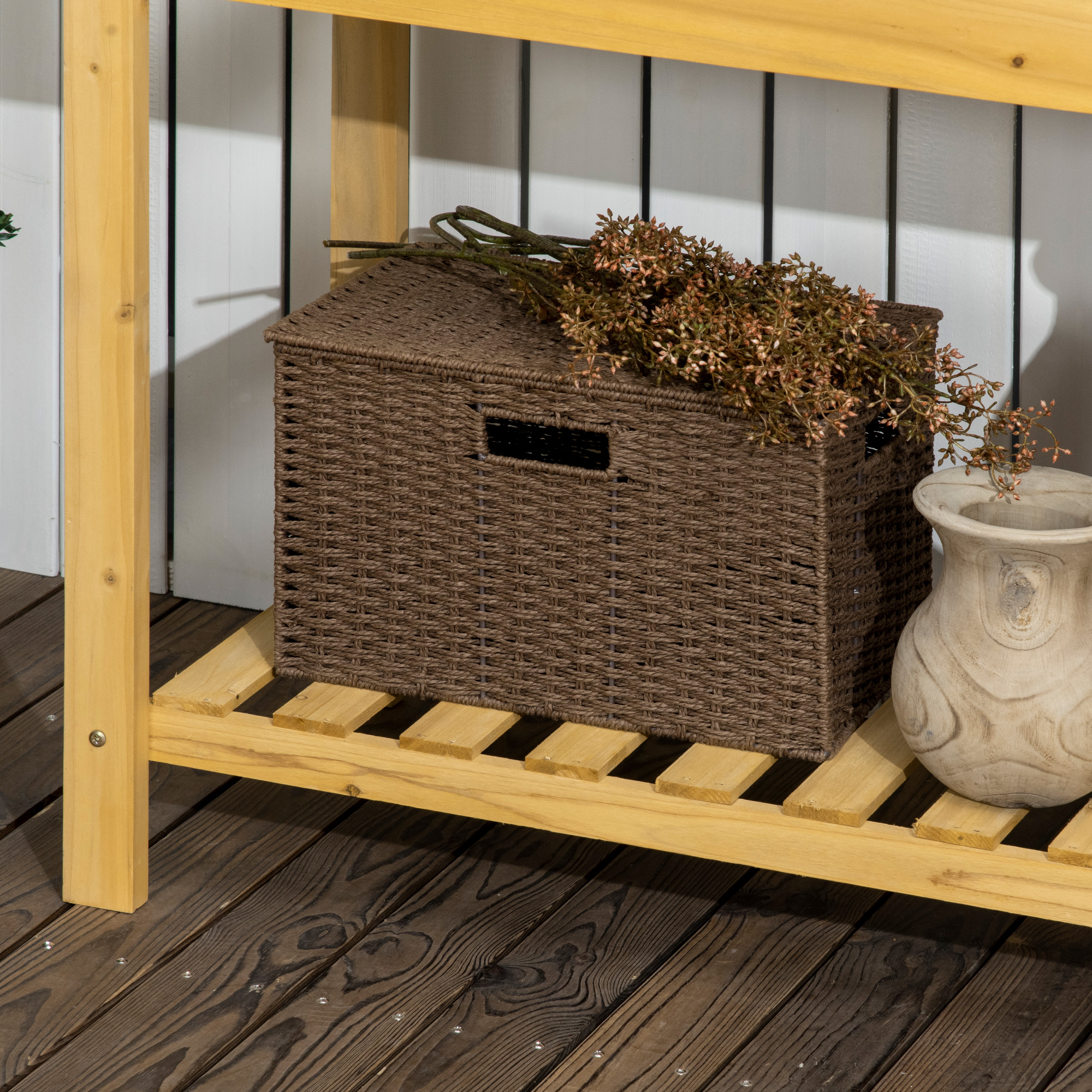 Garten-Arbeitstisch, integriertes Edelstahl-Spülbecken, 2 Ablagen, Massivholz, braun, 92 x 45 x 120 cm