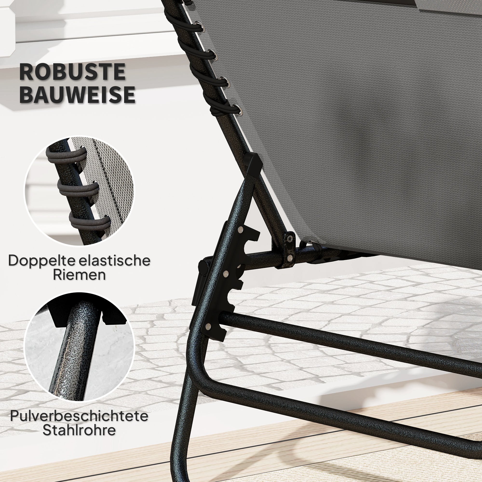 Liegestuhl, Sonnenliege mit Polsterung und Seitentasche, Gartenliege, Pool-Liege, Polsterliege, Grau