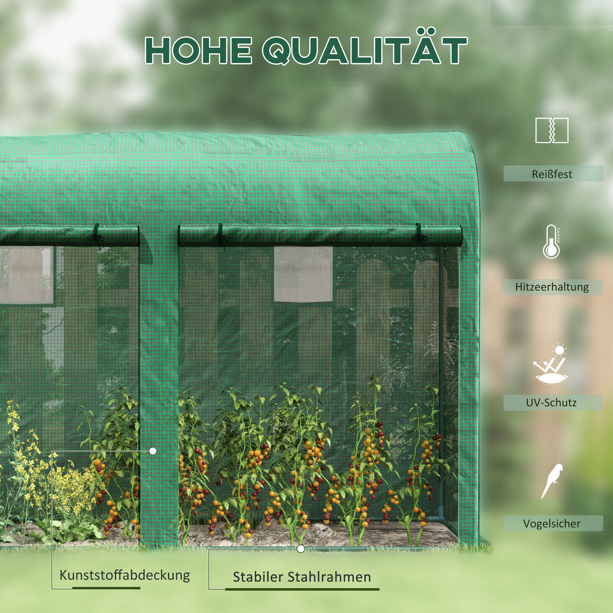 Gewächshaus mit Fernster, Tür, Foliengewächshaus aus Stahl, Treibhaus mit PE-Gitterfolie für Balkon, Garten, Tomatenhaus 300x100x200cm, Tomatengewächshaus für Gemüse, Blumen, Pflanzen, Grün