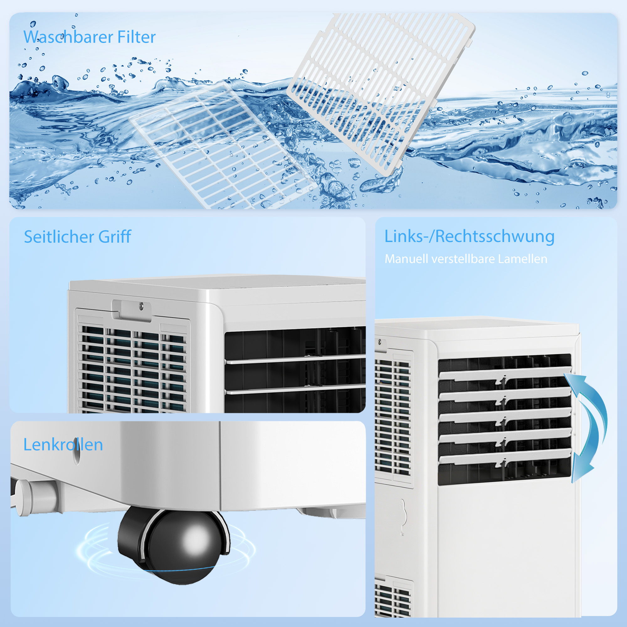 tragbares Klimagerät 9000 BTU, 4-in-1 mit Kühlung, Entfeuchter, Ventilator, Schlafmodus