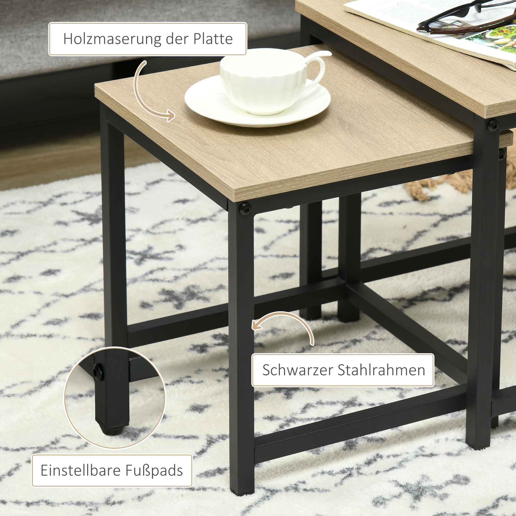 Satztisch-Set aus 3 Beistelltischen, Industrial Design, schwarzer Stahlrahmen, Tischplatte in Holzoptik