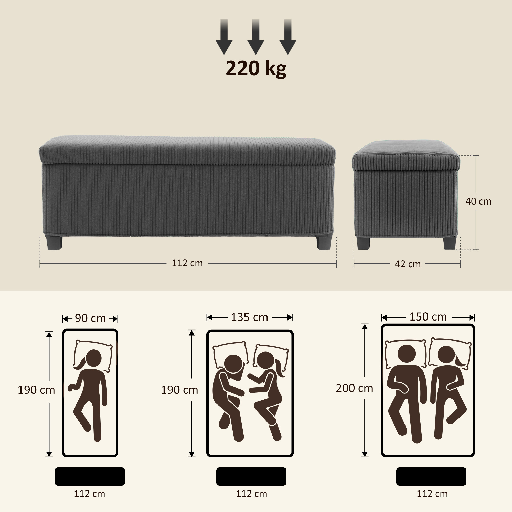 Faltbare Aufbewahrungsbank mit 84 L Kapazität 112x42x40 cm Samtbezug Fußende des Bettes für Wohnzimmer Schlafzimmer Grau