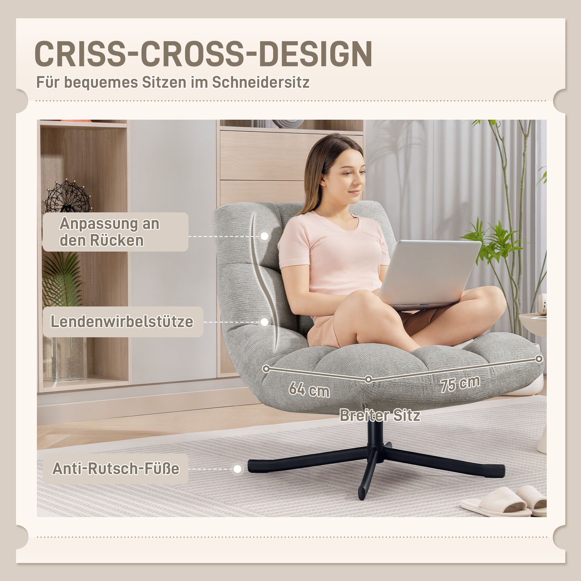 Sessel Drehbar Loungesessel mit Breiter Sitzfläche, wasserabweisend Chenille-Optik, gekreuzt Stahlbeine, Hellgrau