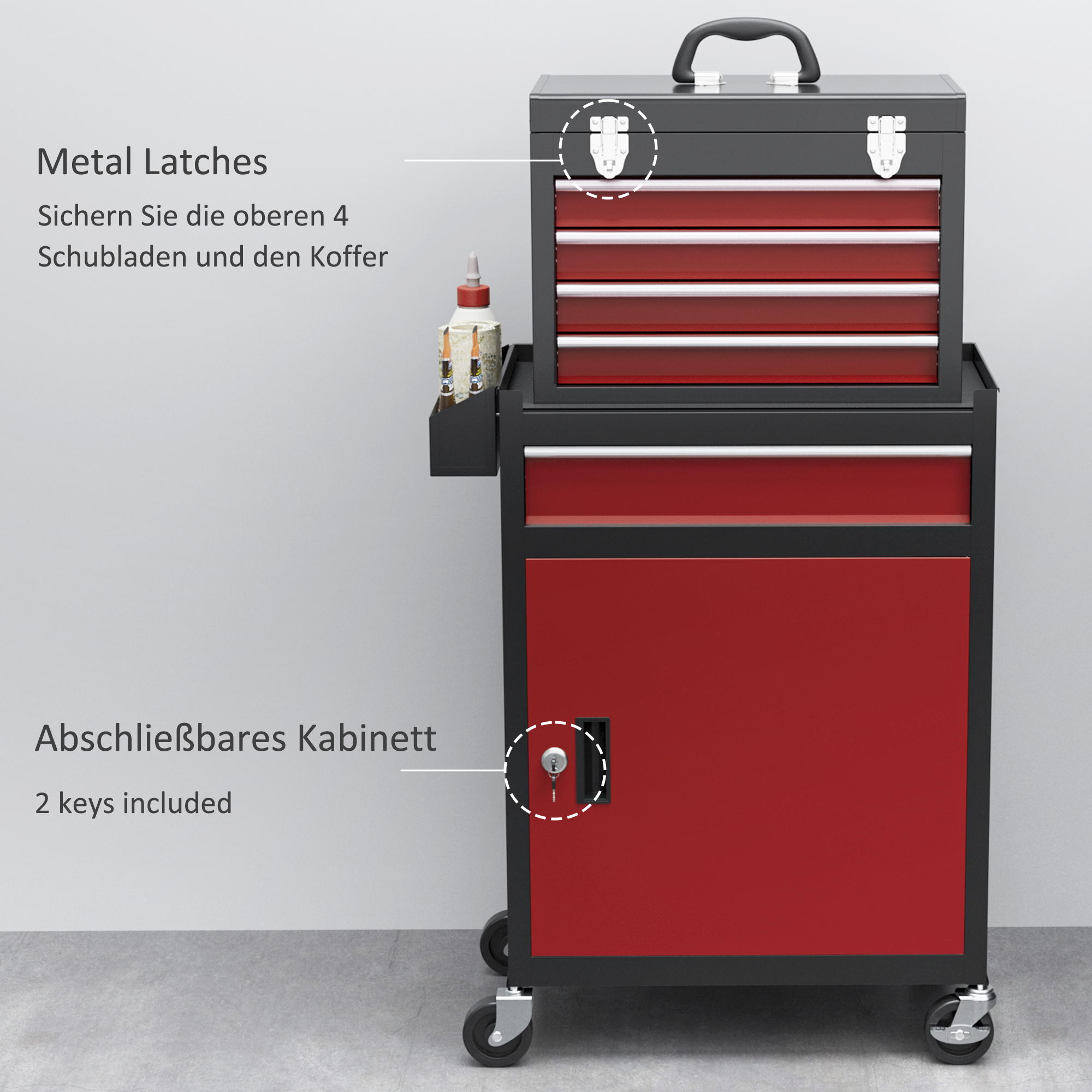 Rollbarer Werkzeugschrank, Stabiler Schrank mit oberer Werkzeugkiste und Schubladen, abschließbar, Metall, Schwarz+Rot