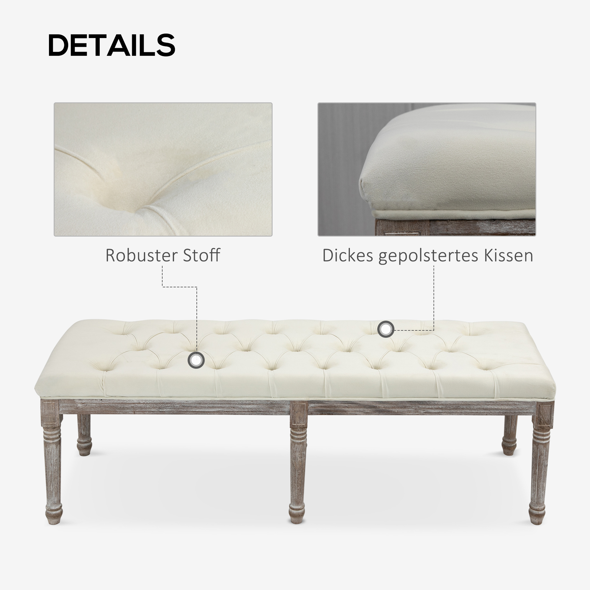 Polsterbank Sitzbank Vintage Bettbank mit Knöpfen Samtige Berührung Gummiholz Beige 142 x 47 x 51 cm