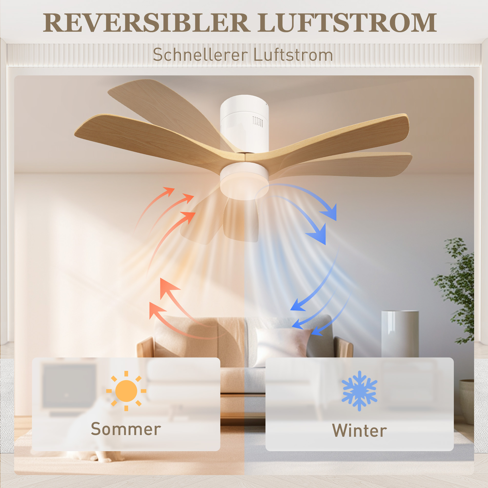Deckenventilator mit LED-Licht, 6 Geschwindigkeiten, Fernbedienung, Hellbraun