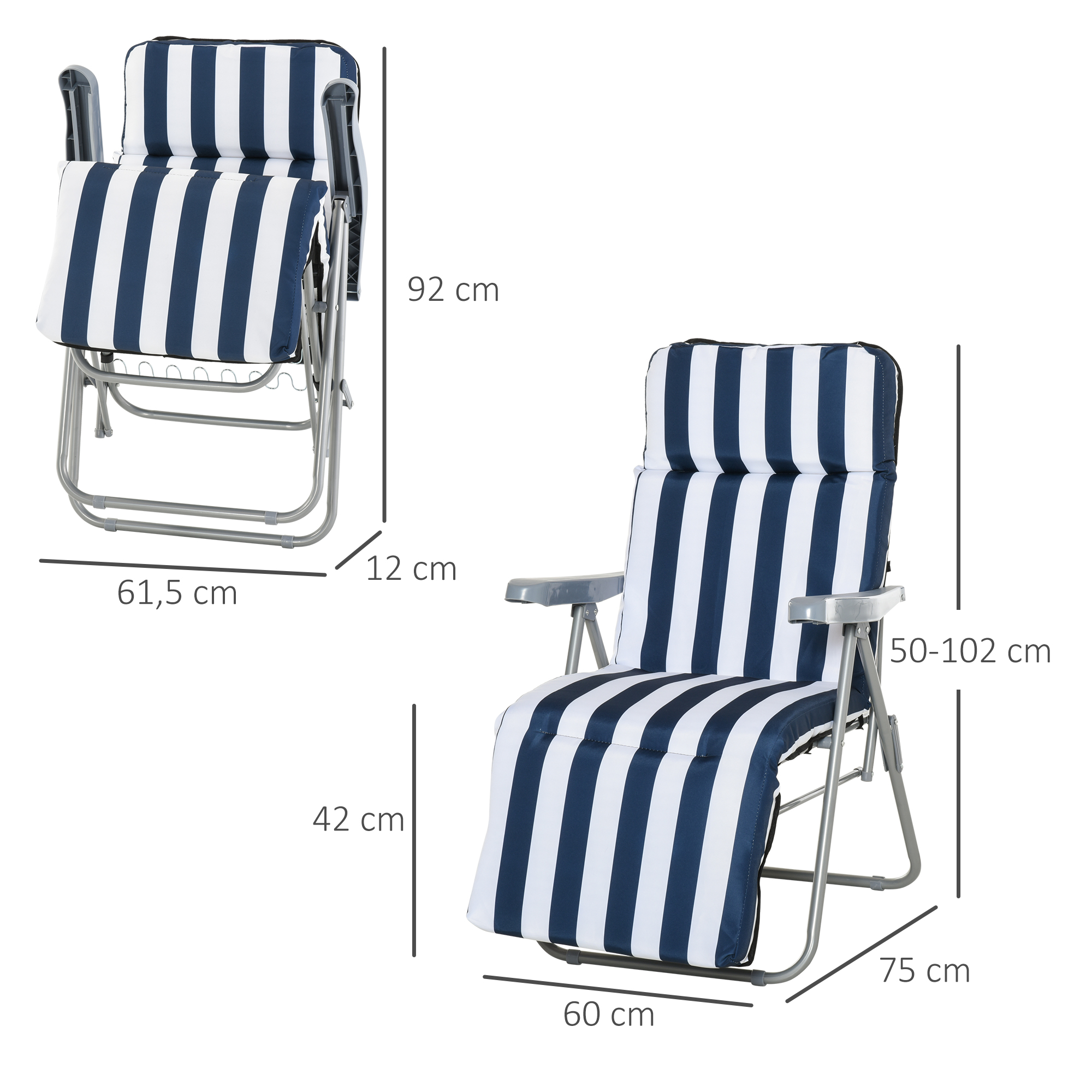 2 x Klappstühle Gartenstuhl Sonnenliege Armlehne klappbar 5 Positionen Auflage Blau 60 x 75 x 102 cm