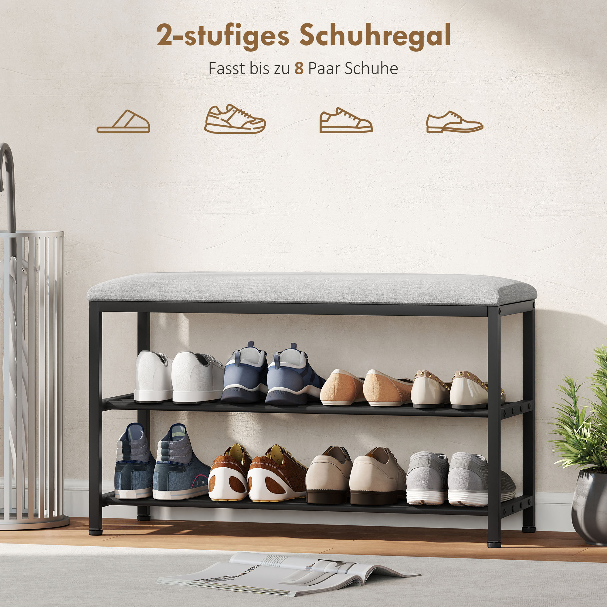 Schuhbank mit Sitzfläche, Sitzbank mit Stauraum, Schuhregal mit 2 offene Fächer, Sitzbank 81 x 31 x 50 cm Schwarz
