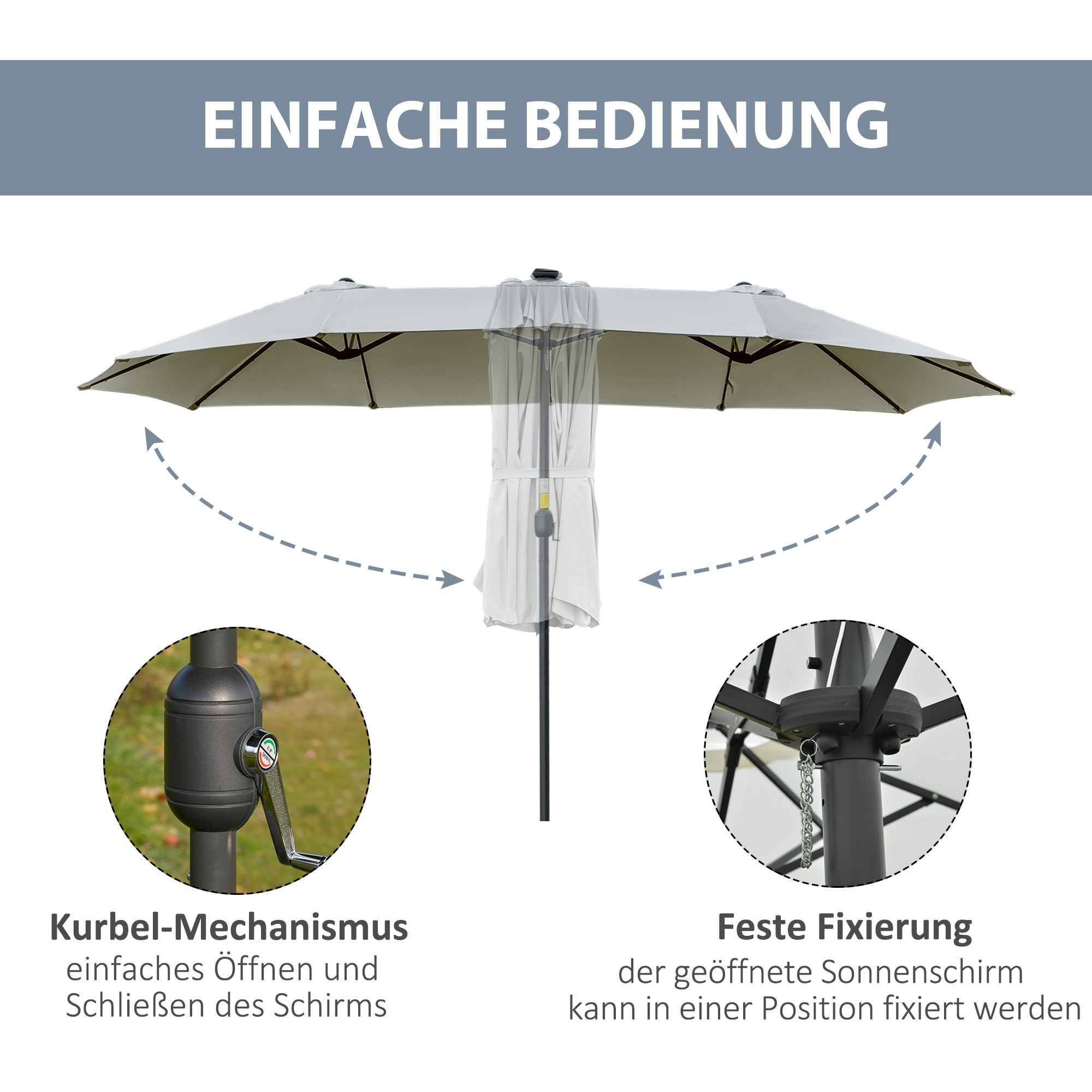 Sonnenschirm mit LED Solar 4,5m Doppelsonnenschirm Gartenschirm Marktschirm Terrassenschirm Oval Hellgrau+Schwarz