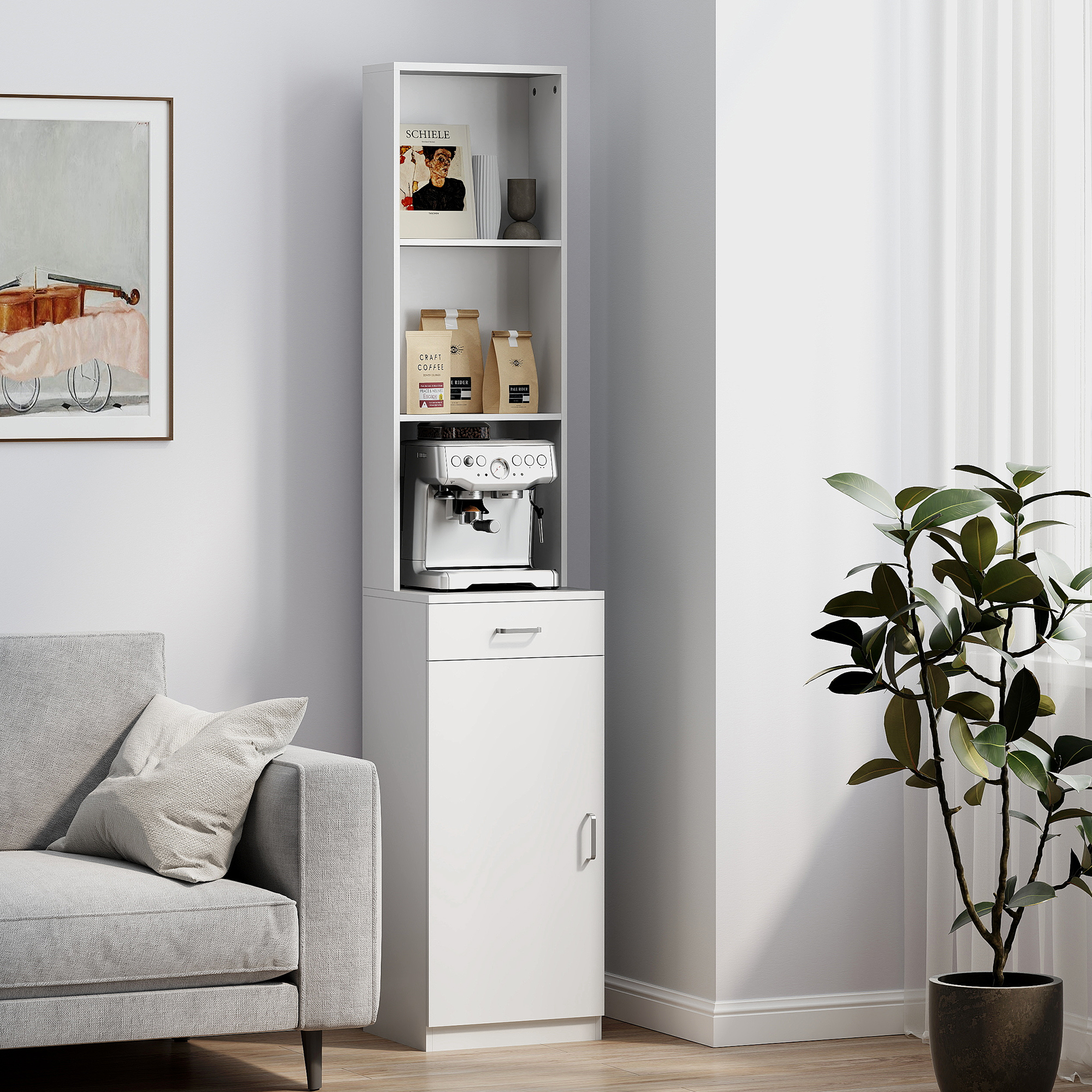 Hoher Badezimmerschrank, schmales Design, Schublade, Regale, Schrank, Spanplatte, Weiß