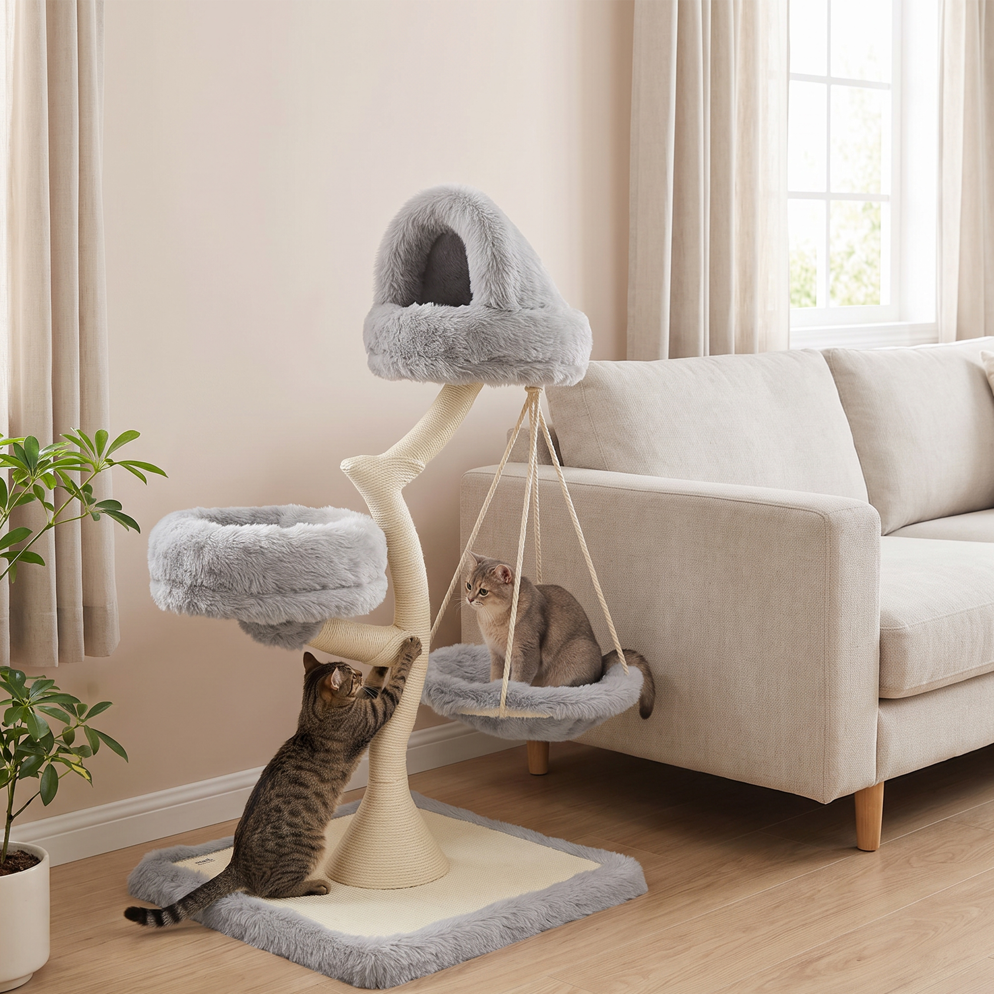 Kratzbaum 115 cm hoch Katzenbaum mit Baumform 2 waschbaren Betten Hängematte Sisal-Kratzstamm, für Katzen unter 6 kg