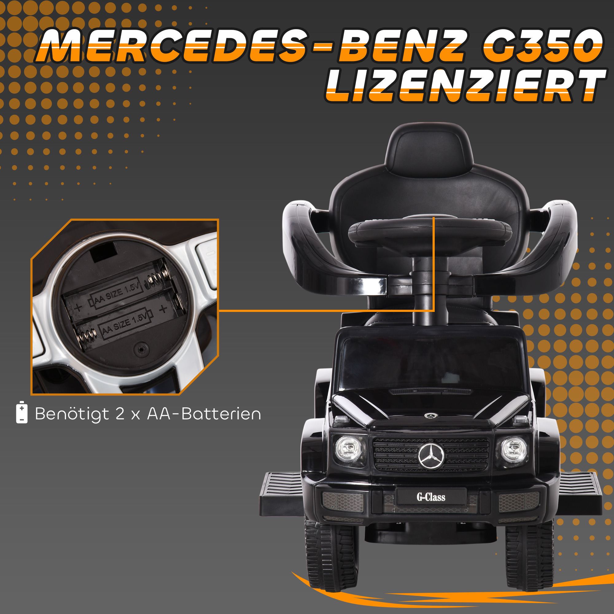 Rutschauto mit Schiebstange Mercedes-Benz G350 Rutschfahrzeug mit Lenkrad 3-in-1 Schiebeauto für 18-36 Monate Kinder Schwarz