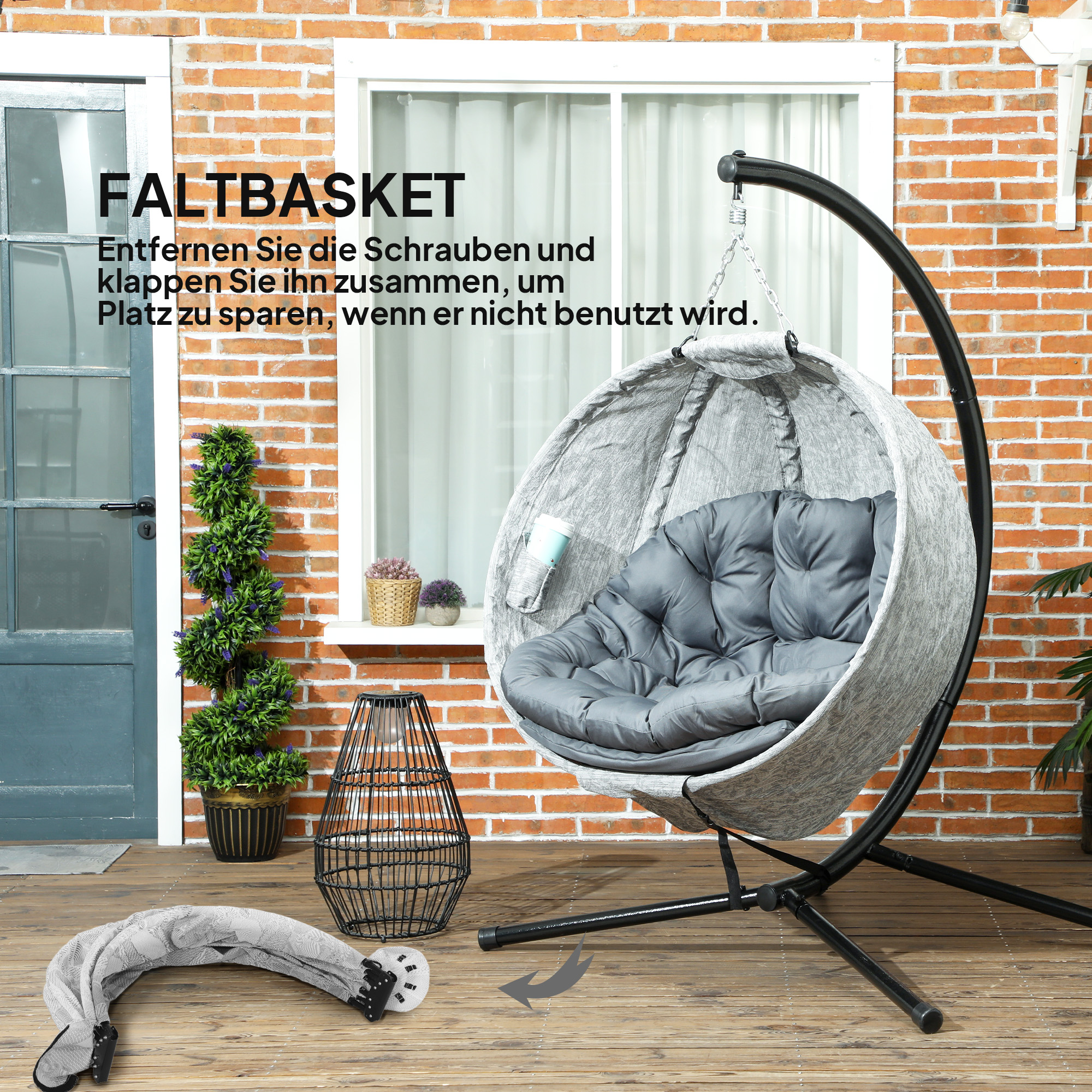 Eiförmiger Hängekorb, Hängesessel mit Schaukelfunktion und faltbarem Korb, Gartenstuhl, Becherhalter, Grau