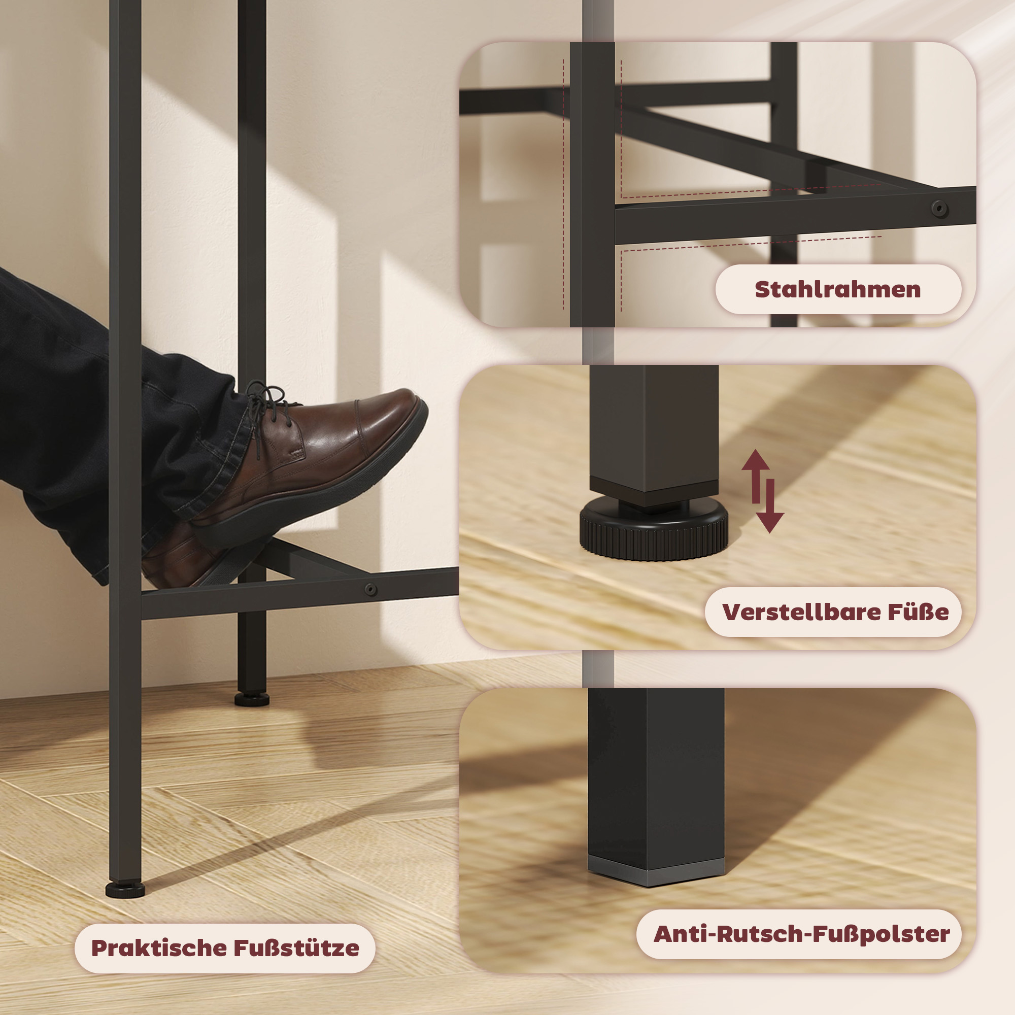 Bartisch Set Bartisch mit Barhocker-Set Esstisch mit 2 Stühlen mit Rutschfestem Fußpolster Grau