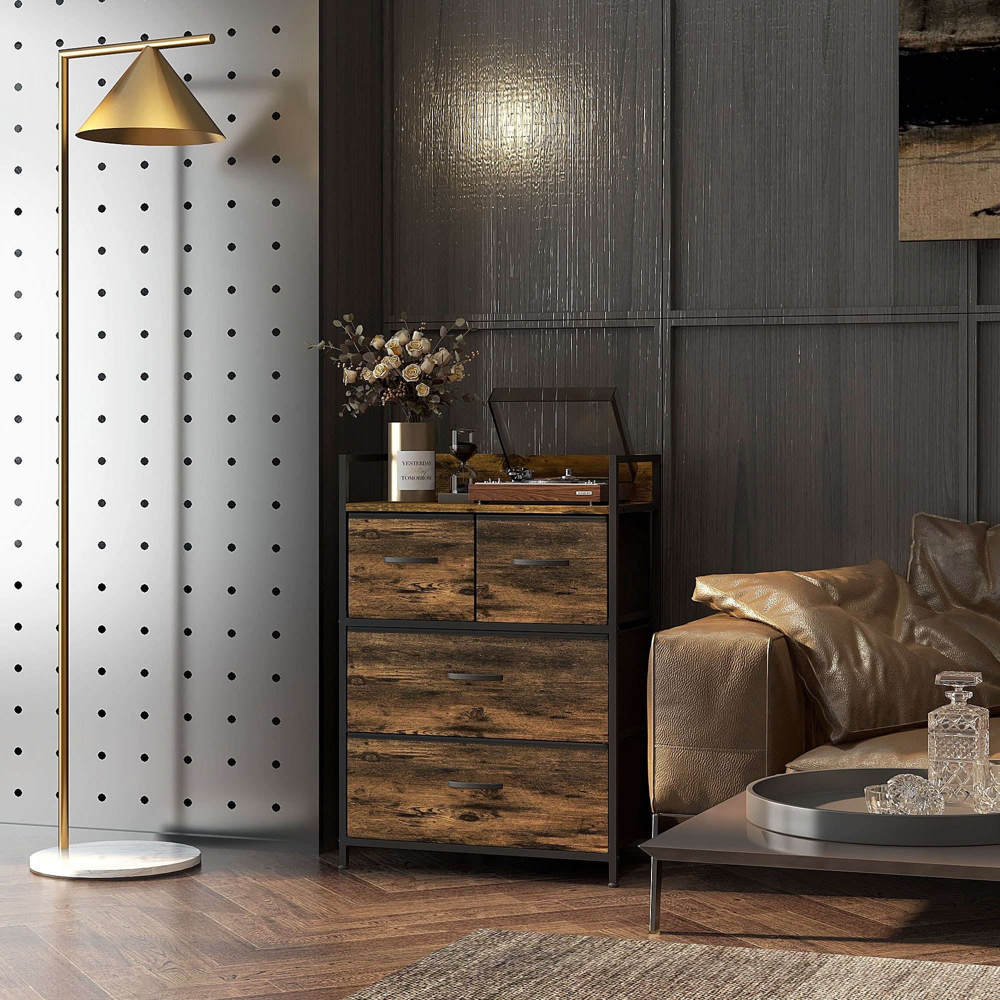 Kommode, Sideboard, 4 Stoffschubladen, Industrial Design, 60x29x85cm, Braun/Schwarz