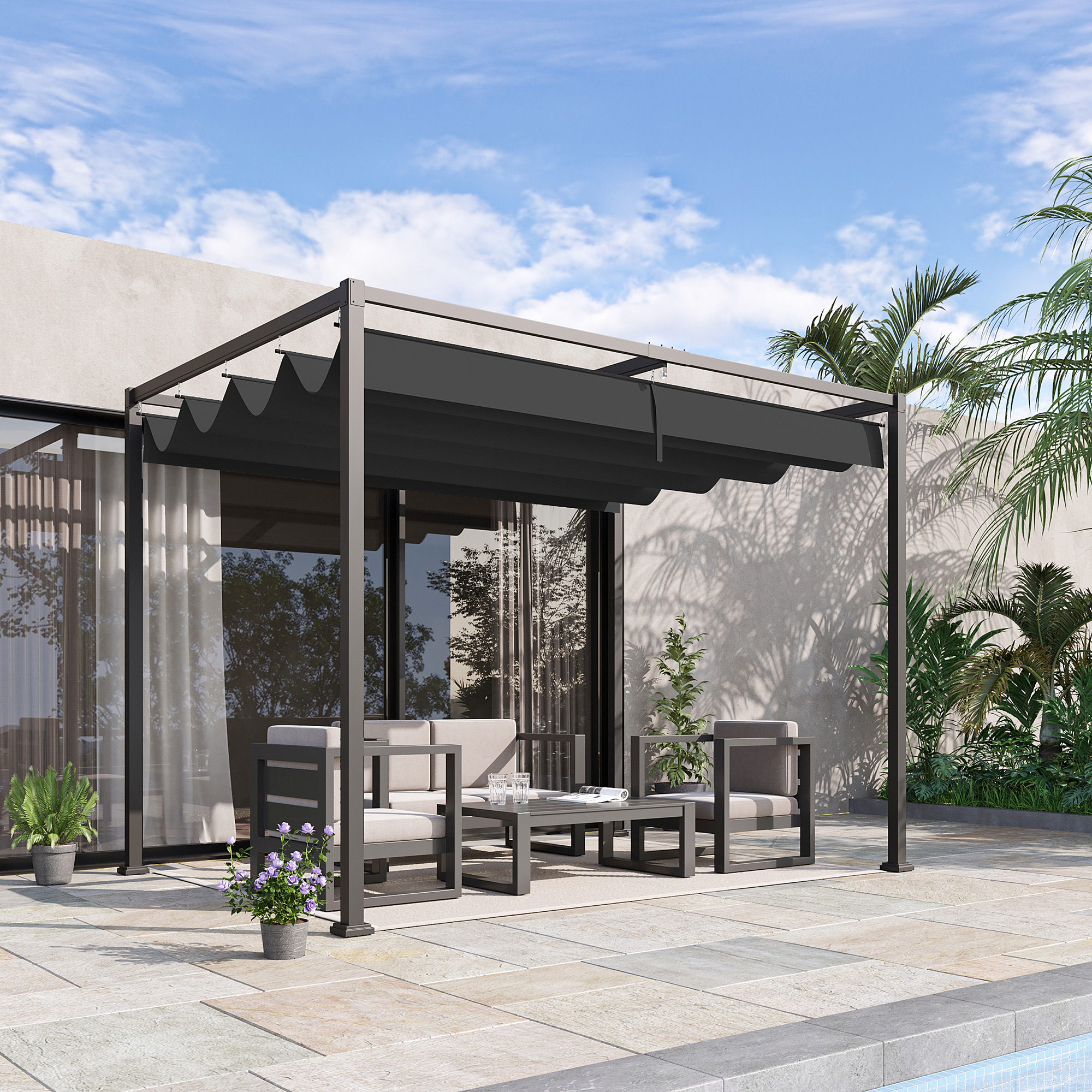 Pergola ca. 3x2m Garten Pavillon Terrassendachung Metall Freistehender Gartenpavillon mit Verstellbares Dach, UV Schutz, Sonnenschutz für Terrasse und Garten, Schwarz+Grau