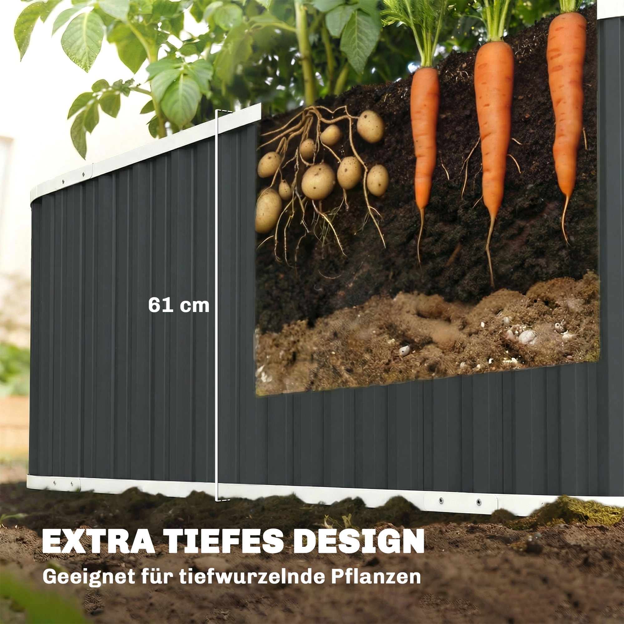 Hochbeet Metall 136 x 53 x 61 cm Tief Gartenbeet mit Schutzkanten Pflanzenetiketten Handschuhe Offenem Boden