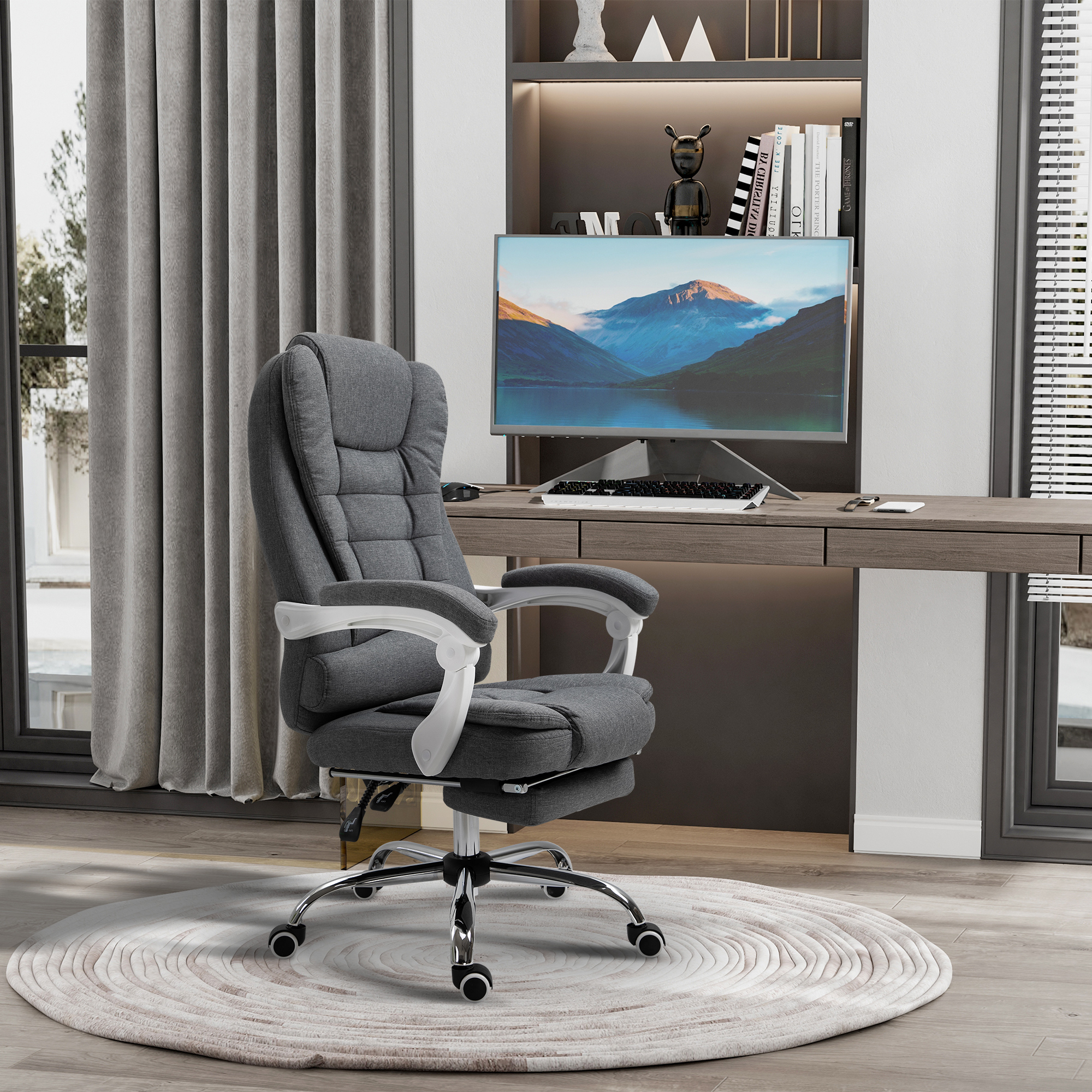 Bürostuhl mit ausklappbarer Fußstütze, Chefsessel, verstellbare Rückenlehne, Leinenoptik, Grau