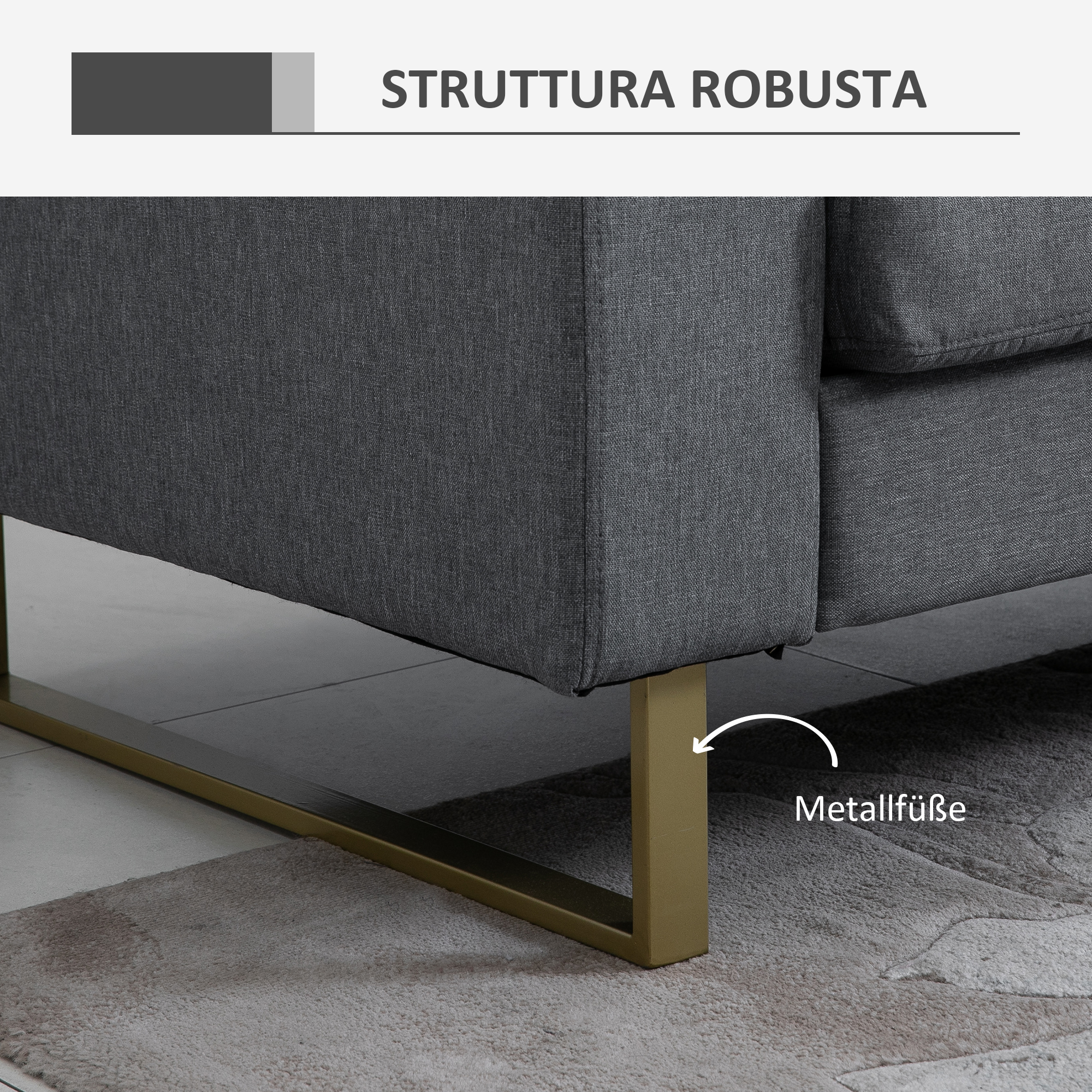 3 Sitzer Sofa Dreisitzer Stoffsofa mit Kissen Armlehne Leinenoptik für Schlafzimmer 200 x 82 x 78 cm Dunkelgrau