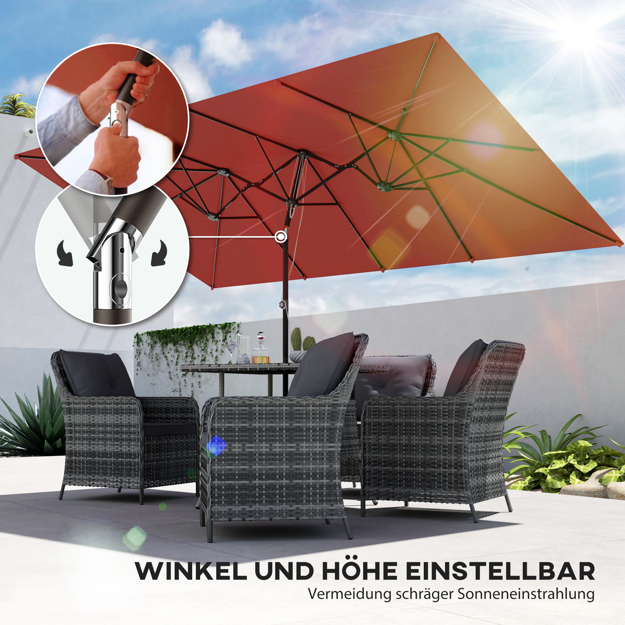Großer Sonnensschirm, höhenverstellbar, neigbar, 150x295x170-214 cm, Weinrot