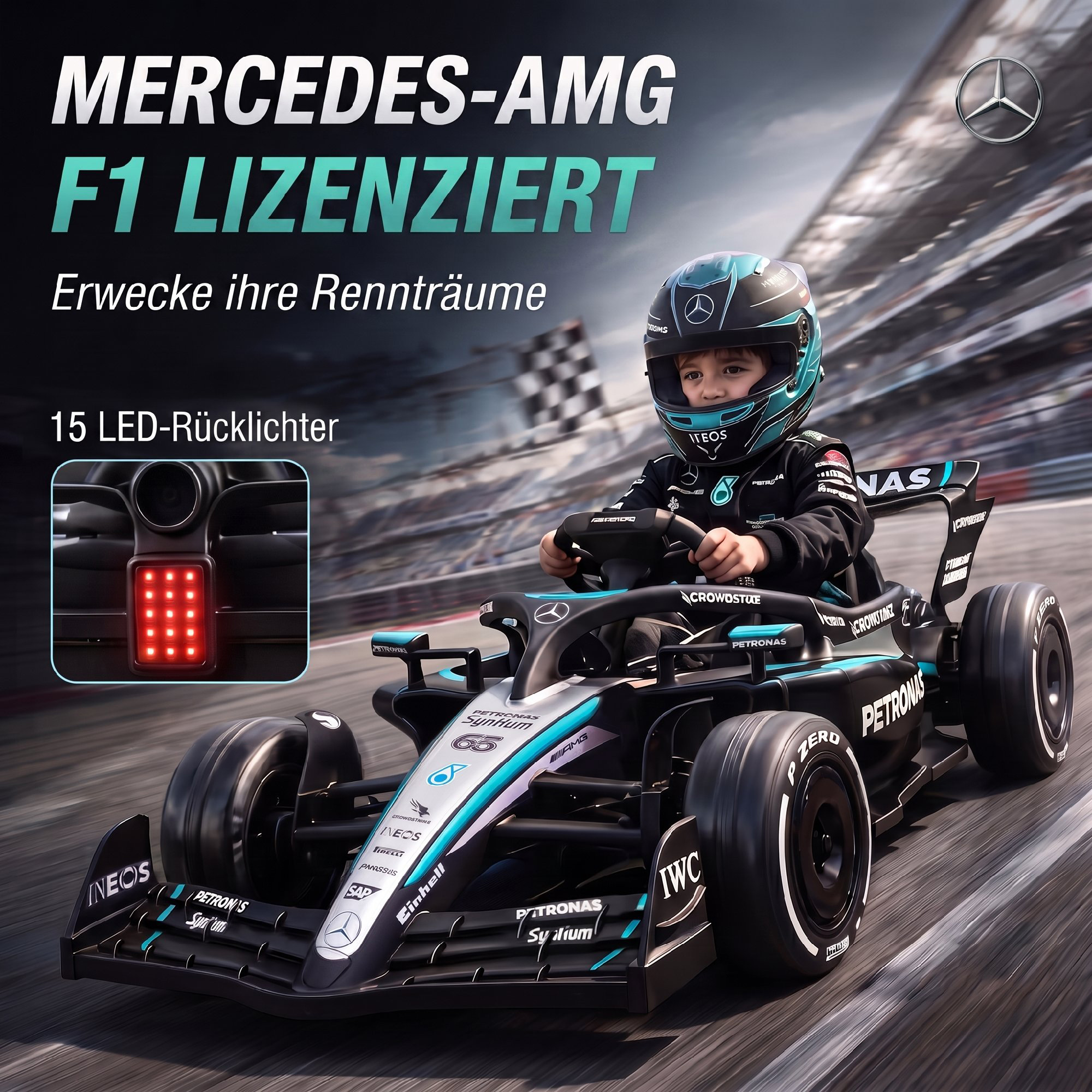 Mercedes-AMG PETRONAS F1 12 V Elektro Go-Kart für Kinder Gokart mit Lithium-Akku 2 Motoren Sanftanlauf